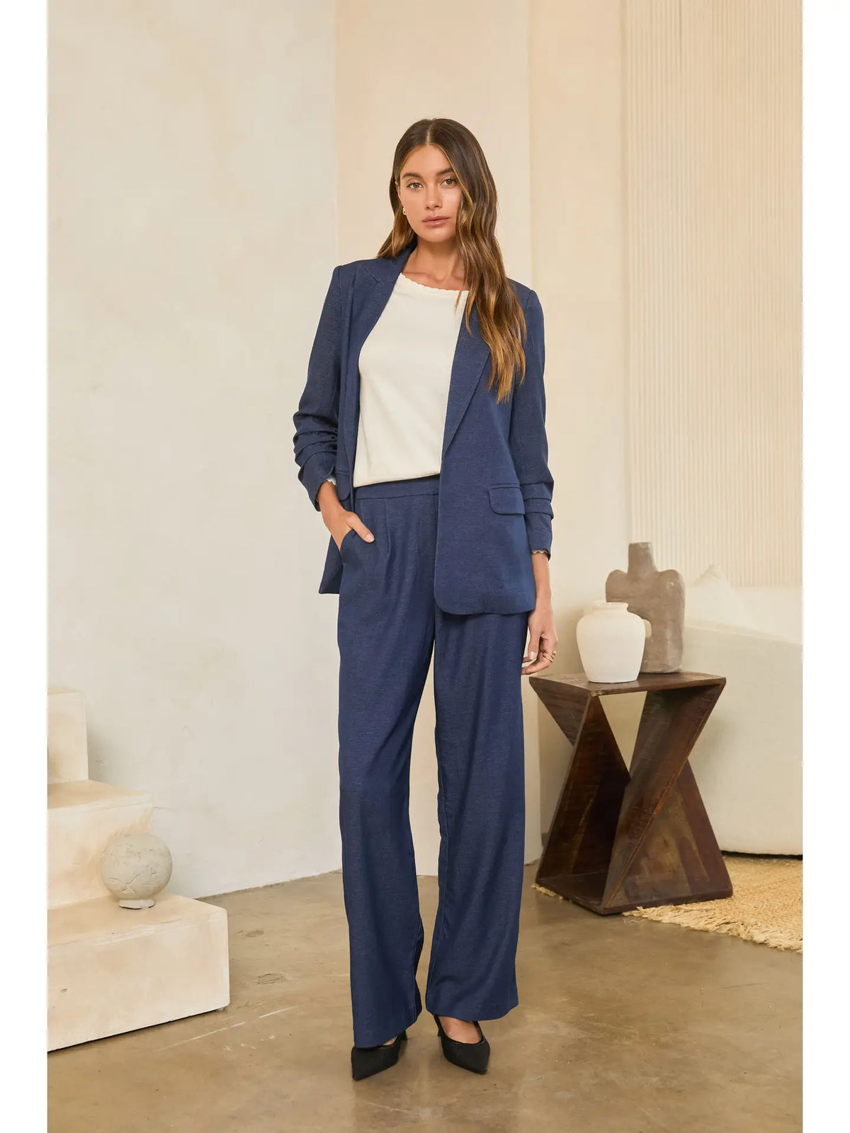 Blue Business Ruched Sleeve Denim Blazer