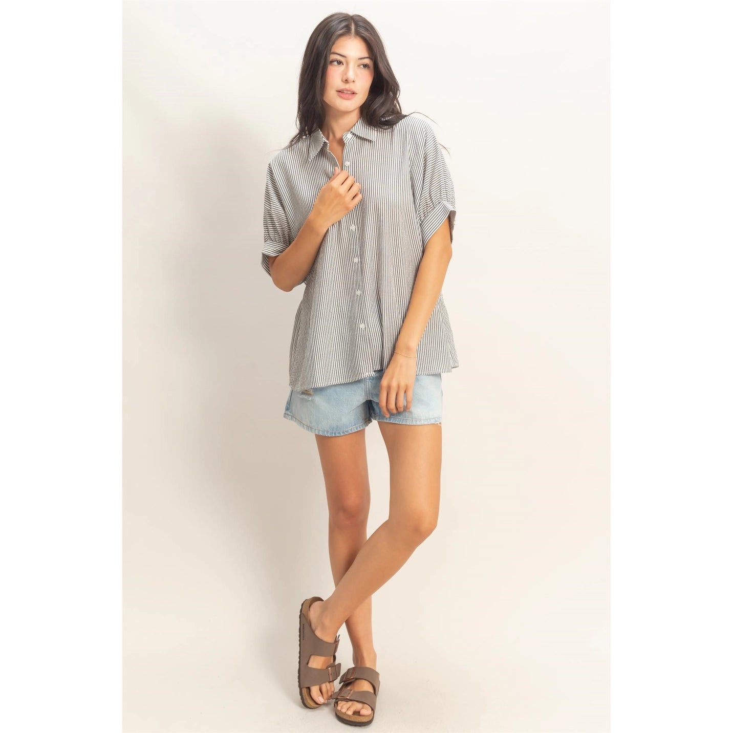 Striped Short Sleeve Button-Front Blouse