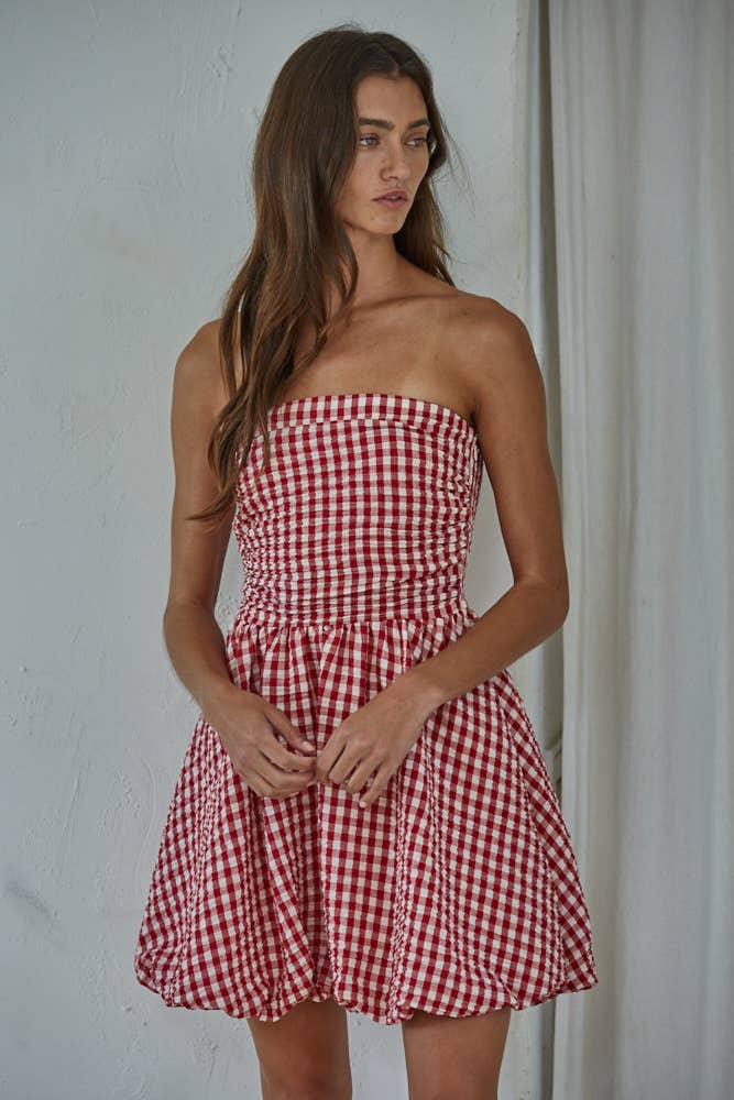 Woven Gingham Print Smocking Tube Mini