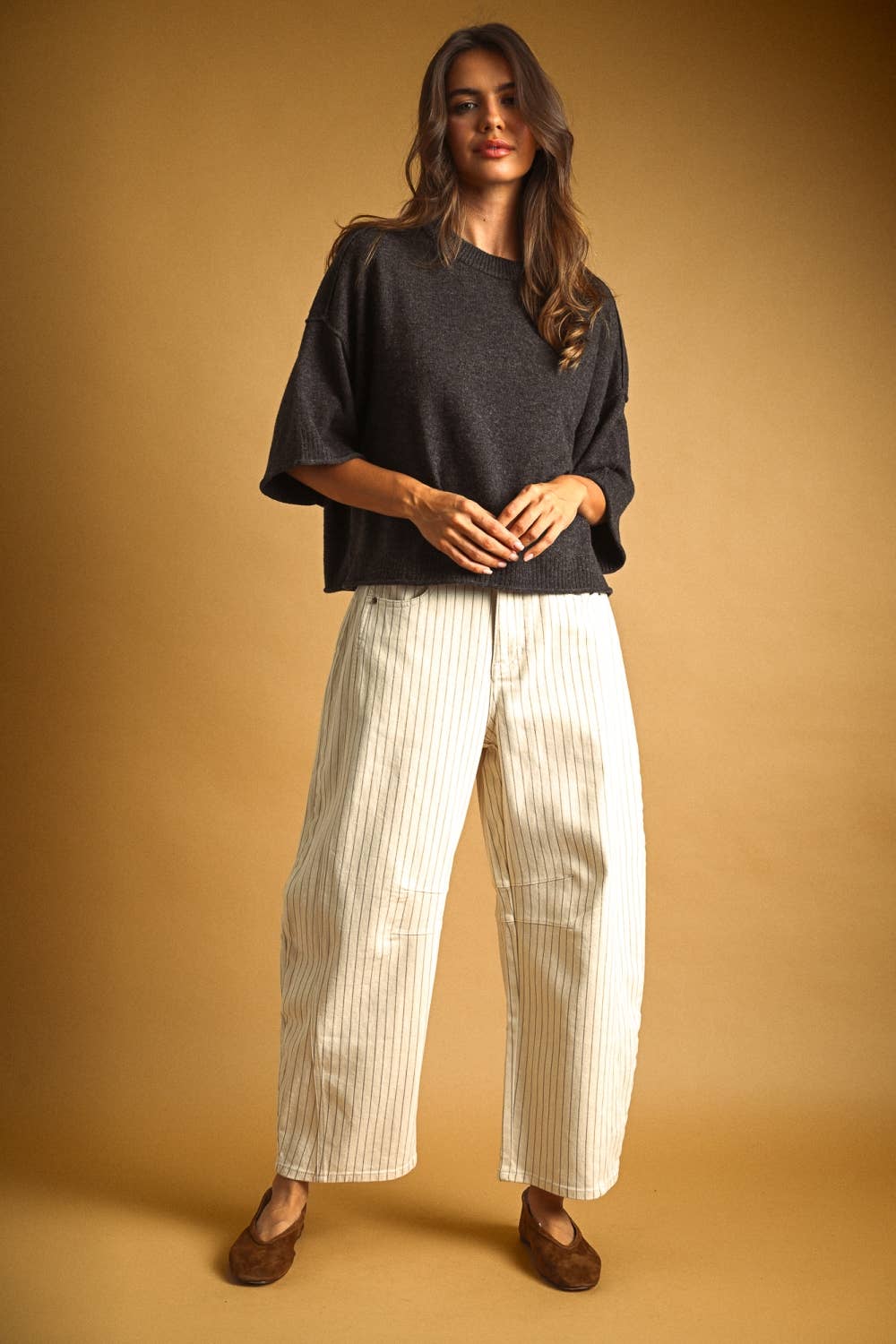 P6184   PINSTRIPED PATTERN BARREL PANTS