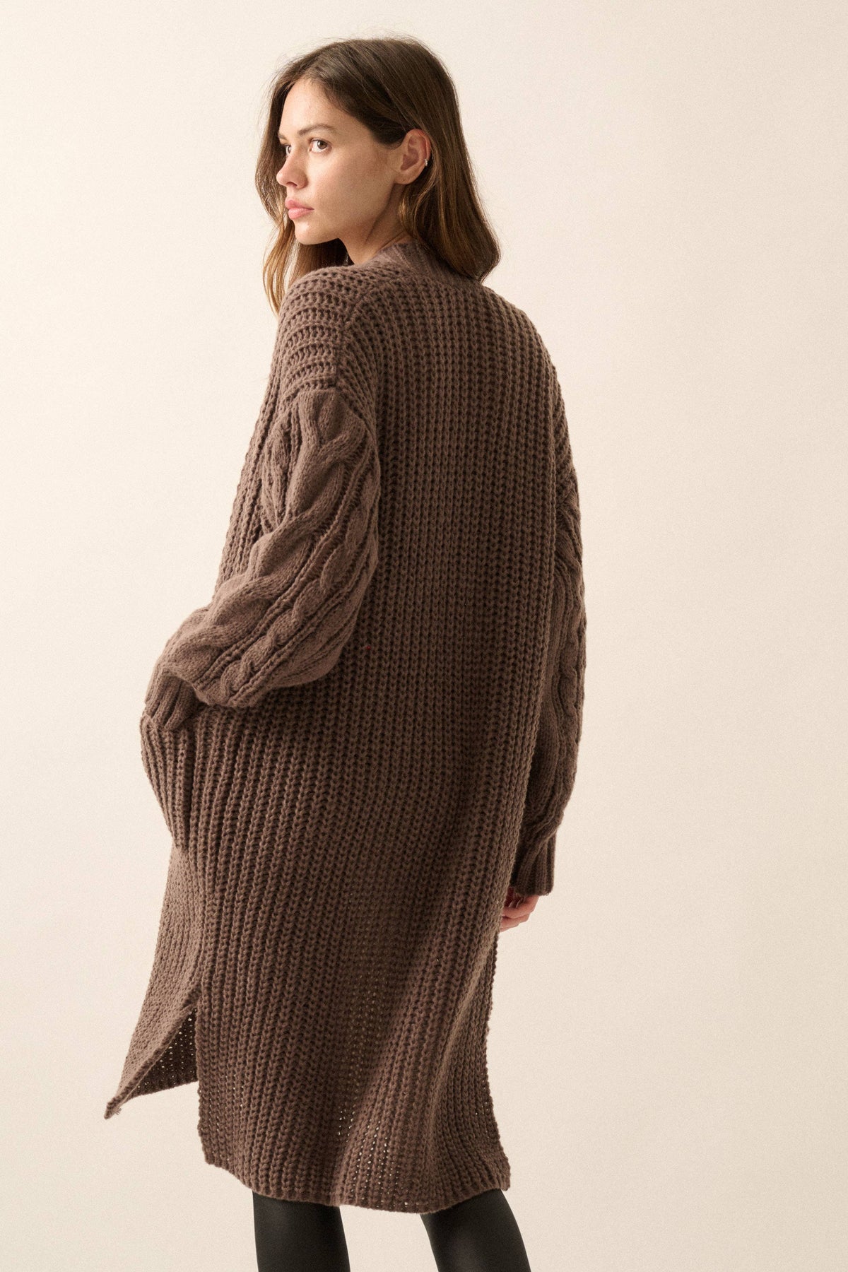 Solid Rib Knit Open Front Cable Knit Cardigan
