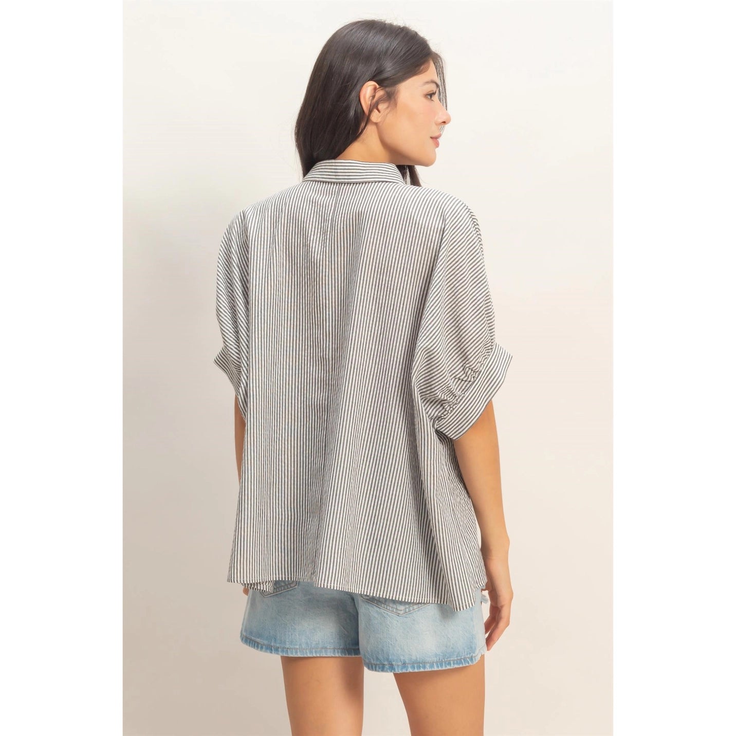 Striped Short Sleeve Button-Front Blouse