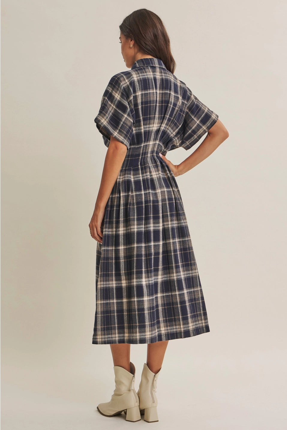 Pin-Tucked Waist Plaid Midi Dress