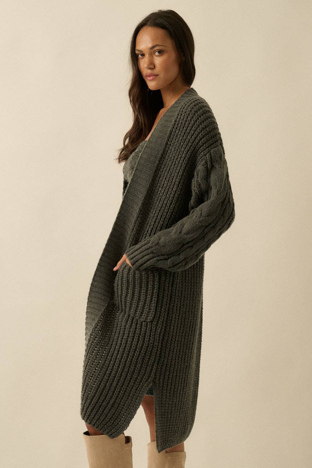 Solid Rib Knit Open Front Cable Knit Cardigan