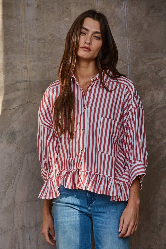 Woven Striped Button Down Peplum