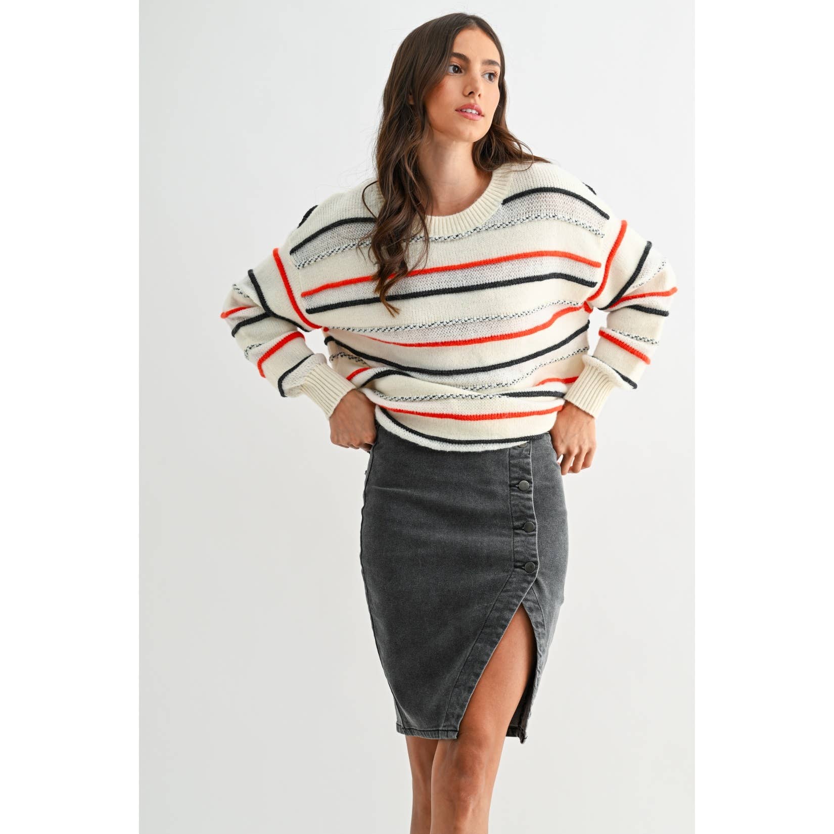 WASHED DARK GREY BUTTON SLIT HIGH-RISE DENIM SKIRT