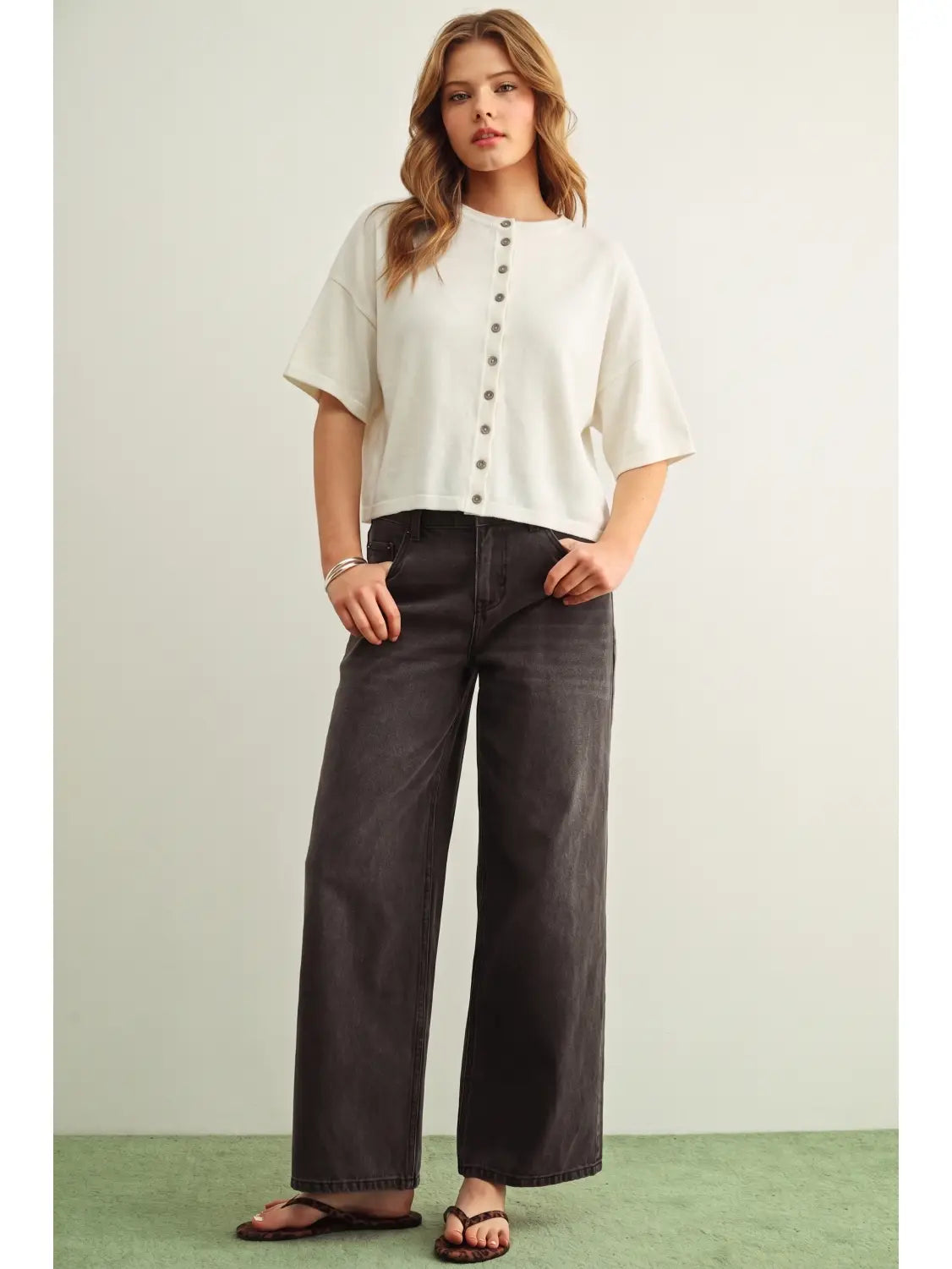 Round Neck Button Down Half Sleeve Top