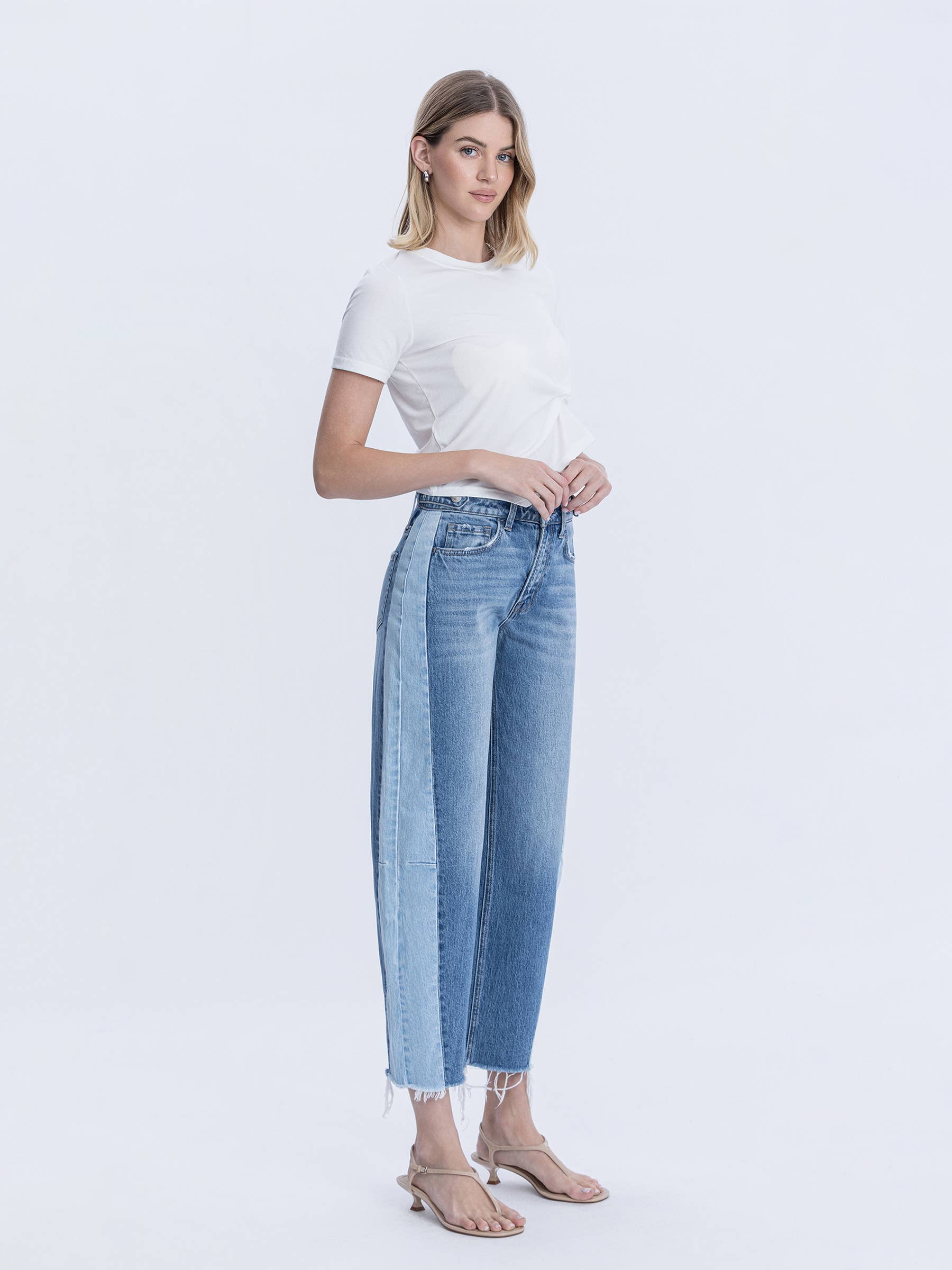 Two Tone High Rise Barrel Jean