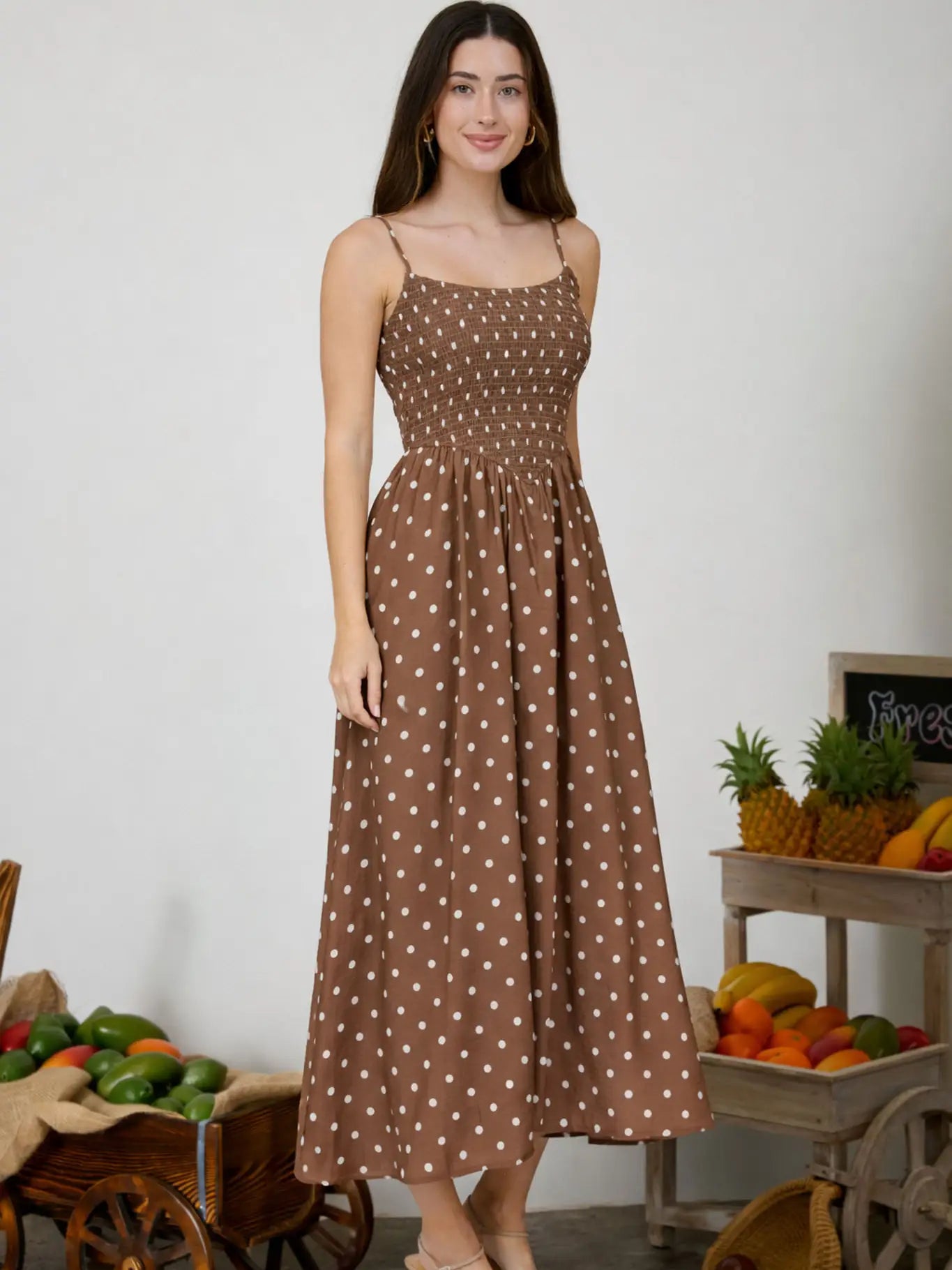 Polka Dot Smocked Waist Midi Dress
