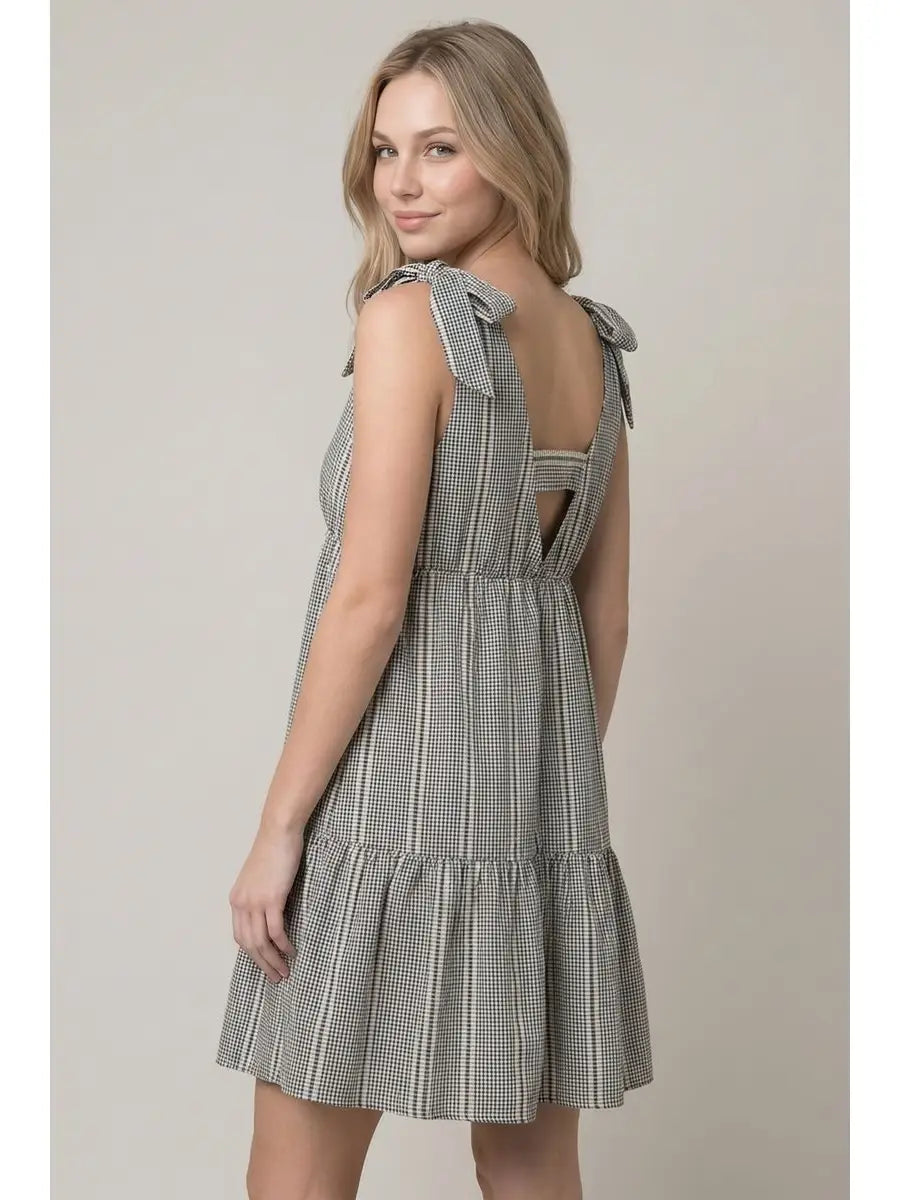 Jacquard Gingham Tie Shoulder Mini Dress