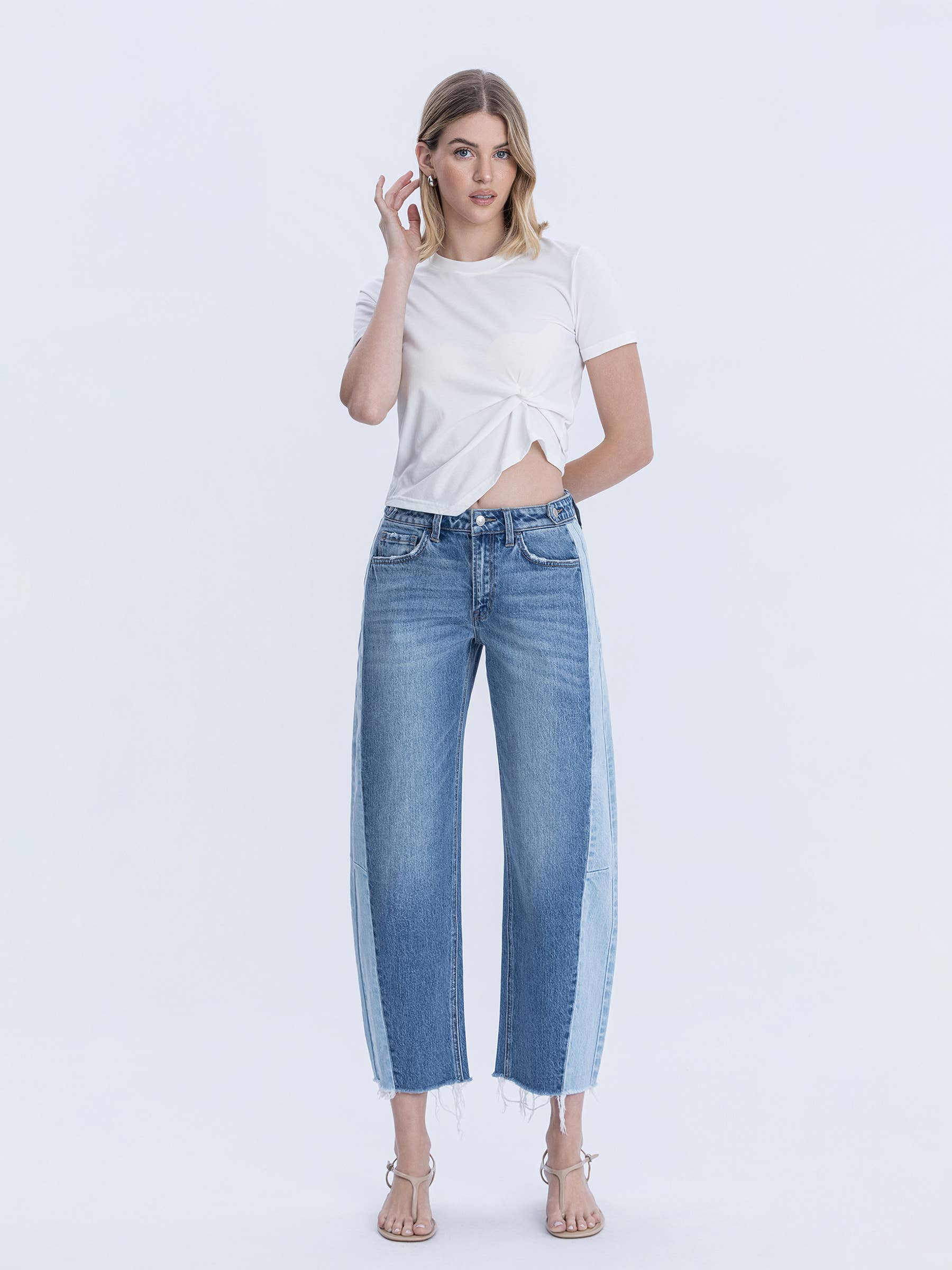 Two Tone High Rise Barrel Jean
