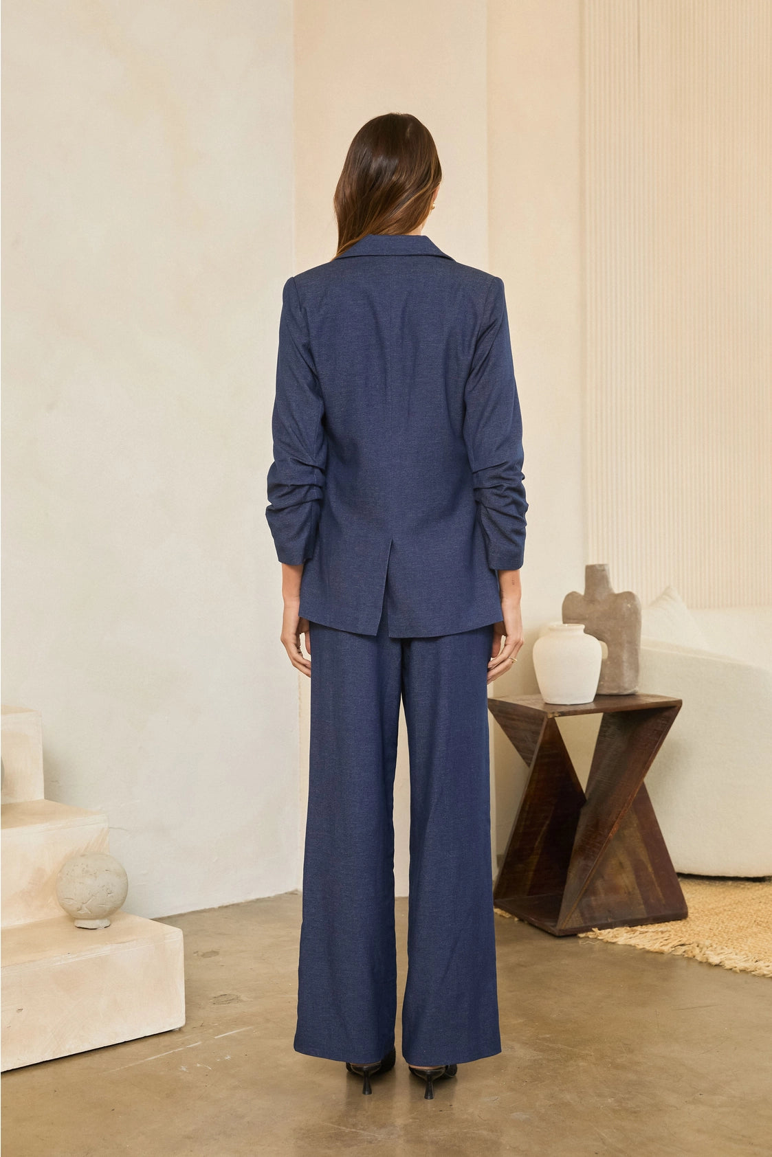 Blue Business Ruched Sleeve Denim Blazer