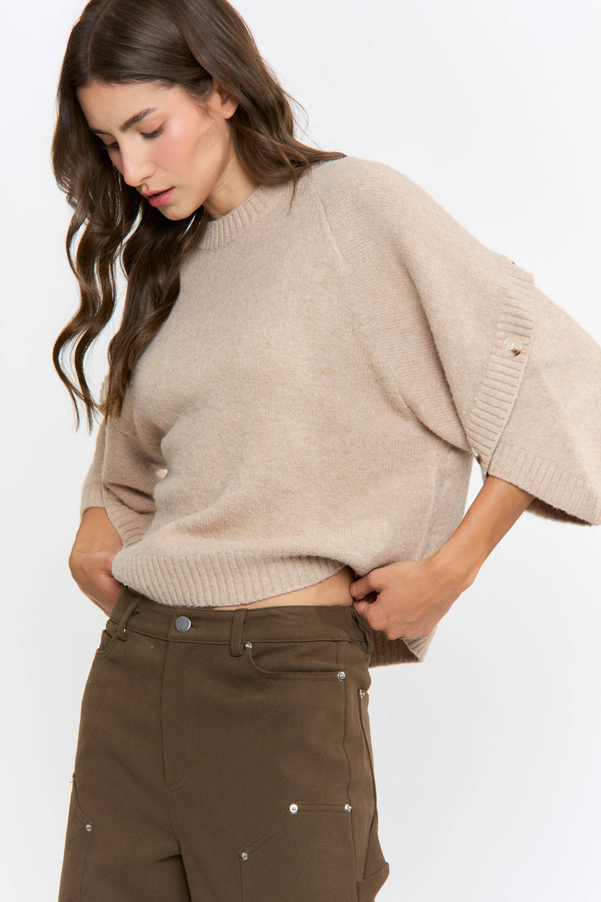 CJW27001 BUTTON SLEEVE KNIT PULLOVER