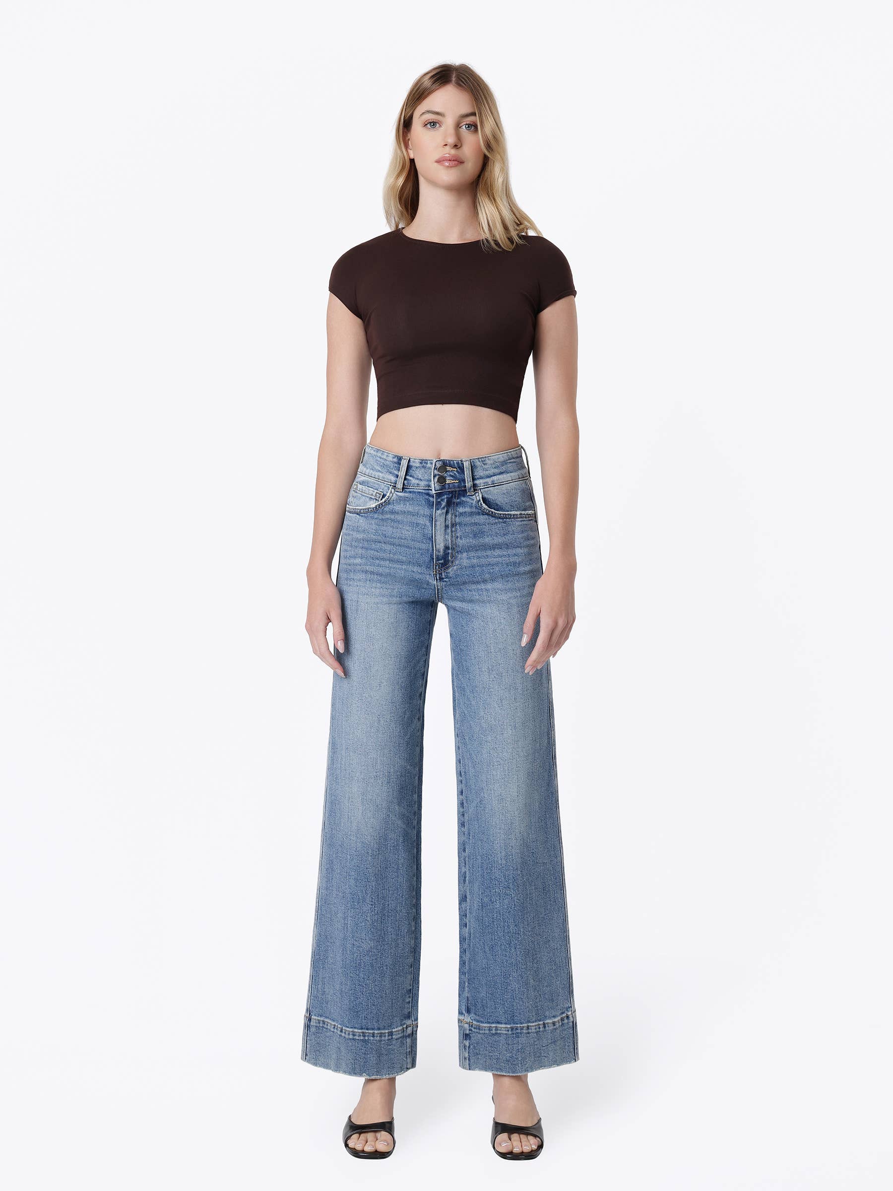 SUPER HIGH RISE HALF YOKE TROUSER HEM WIDE JEANS F9095