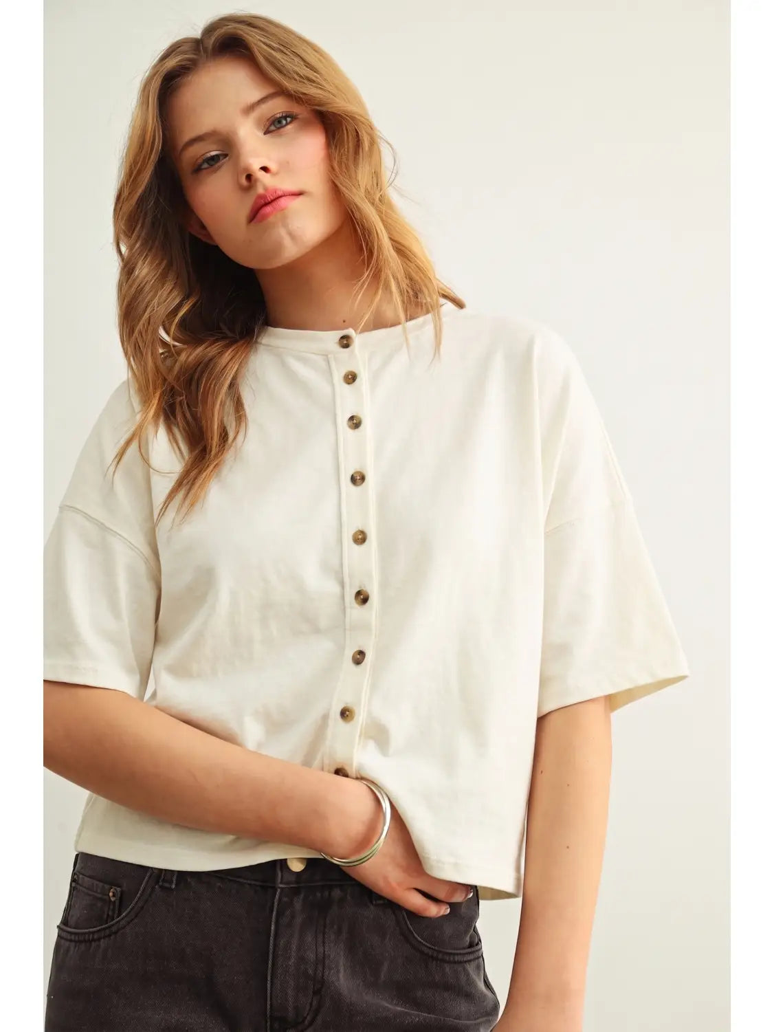 Round Neck Button Down Half Sleeve Top