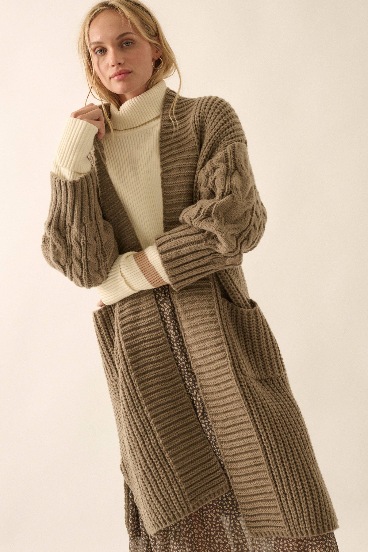 Solid Rib Knit Open Front Cable Knit Cardigan