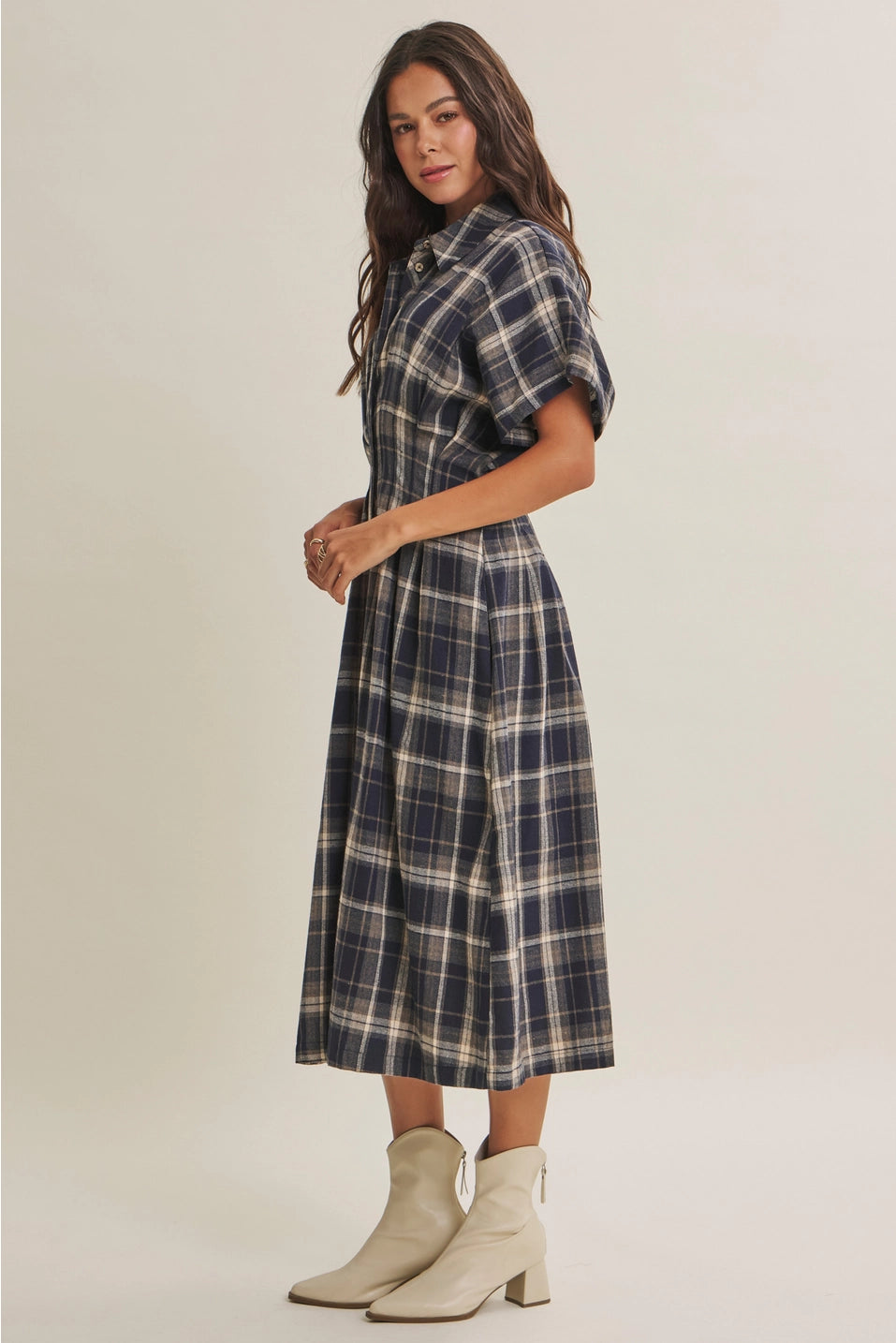 Pin-Tucked Waist Plaid Midi Dress