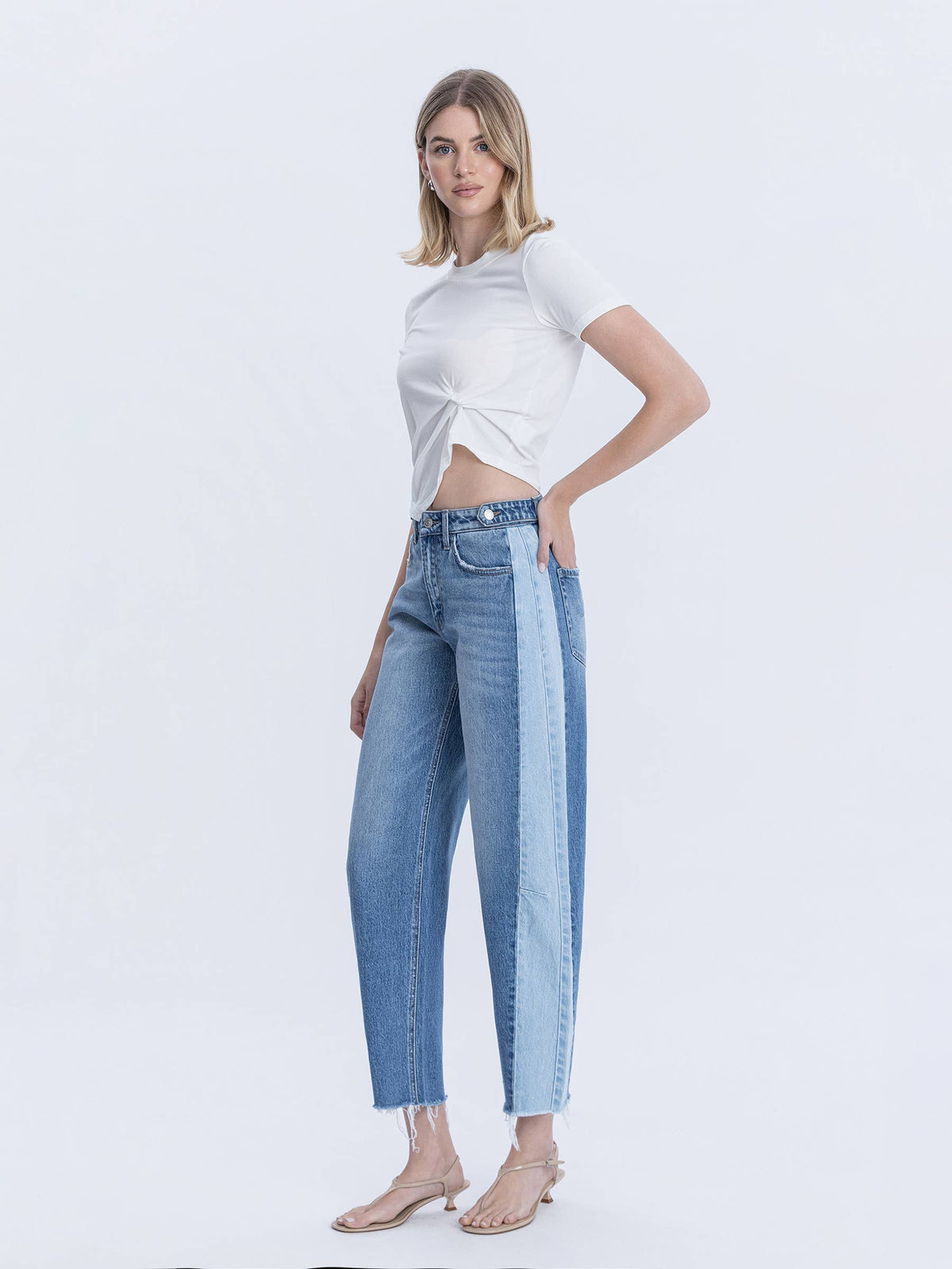 Two Tone High Rise Barrel Jean