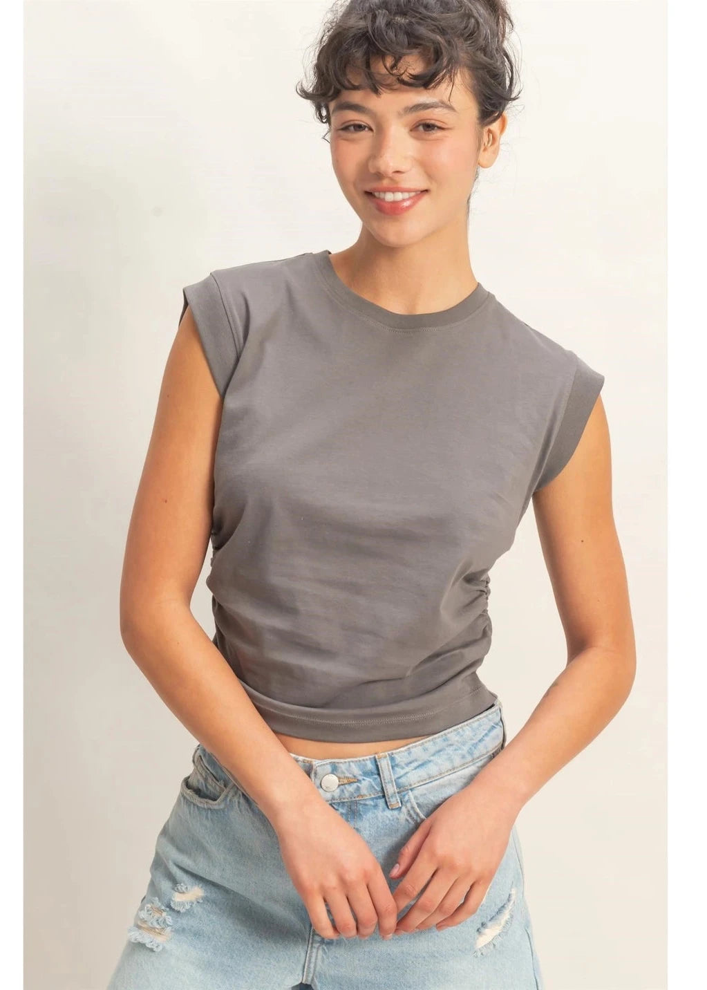 Ruched Waist Sleeveless Cotton Top
