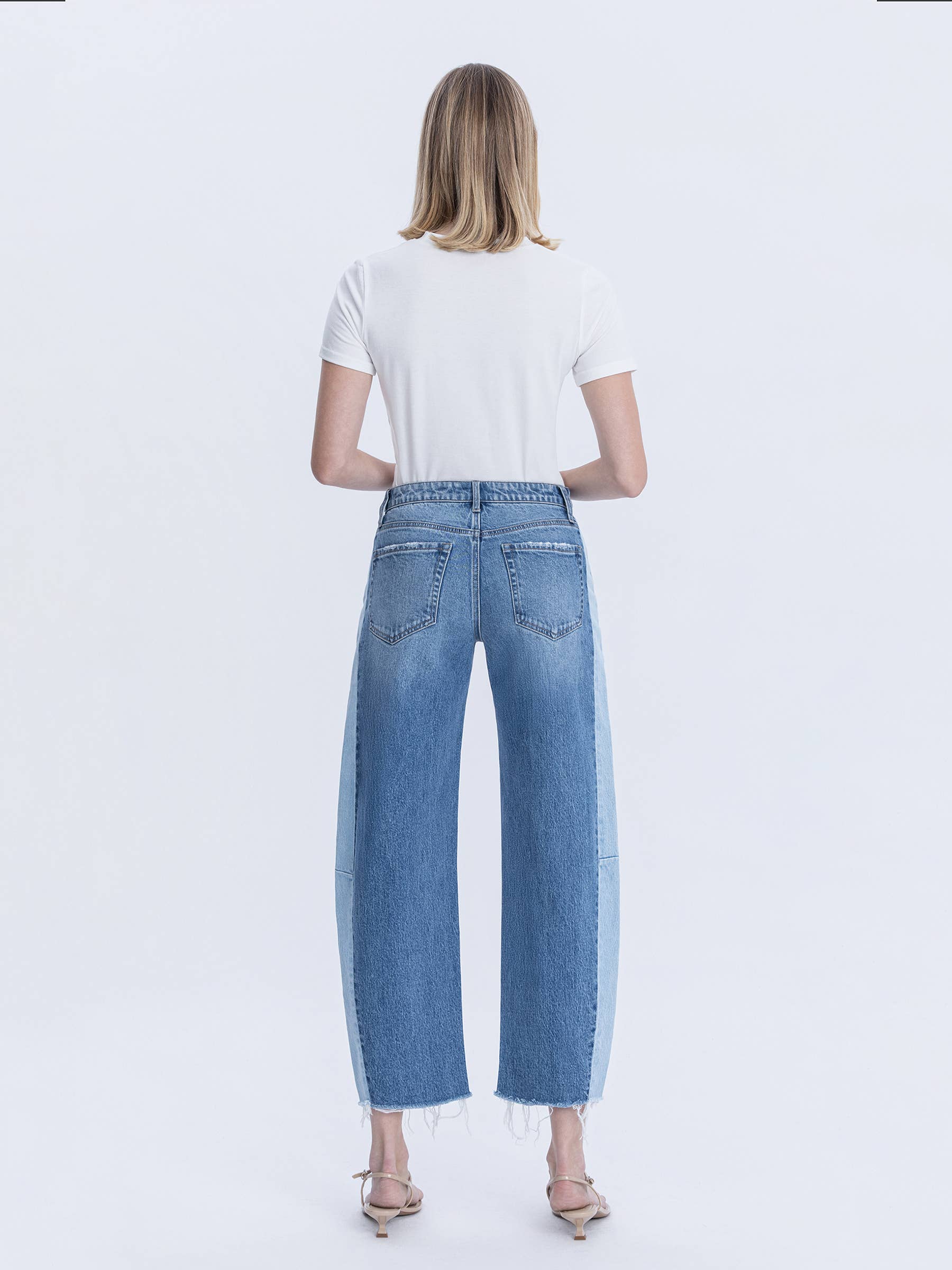 Two Tone High Rise Barrel Jean