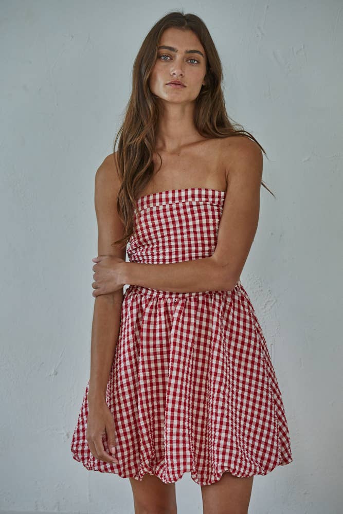 Woven Gingham Print Smocking Tube Mini
