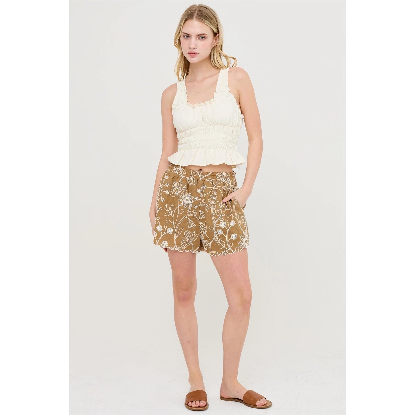 Embroidered Scallop Hem Shorts
