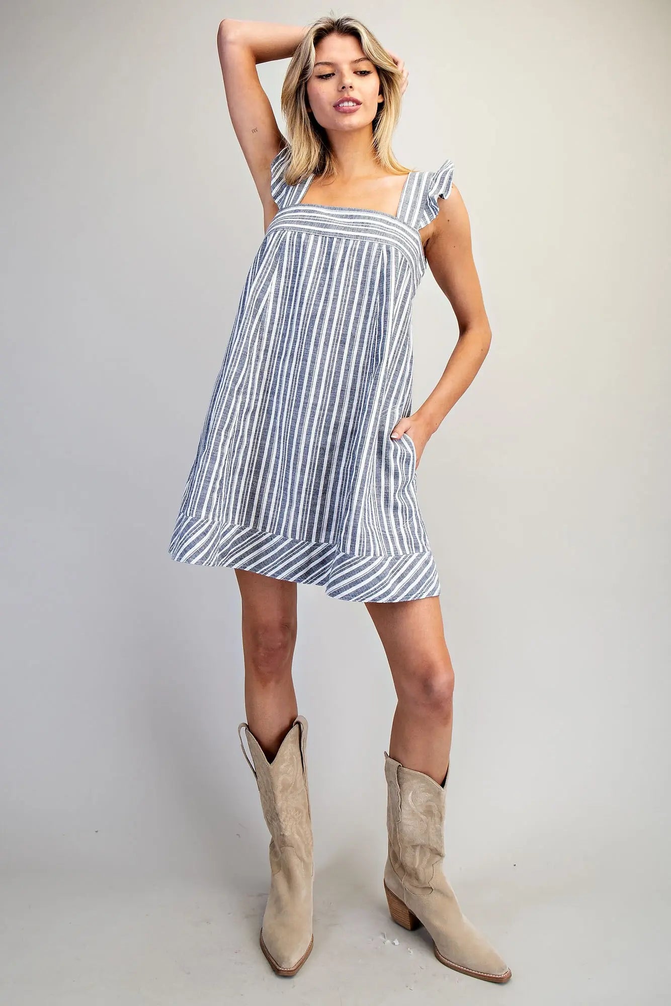 Soft Washed Striped Square Neck Mini Dress