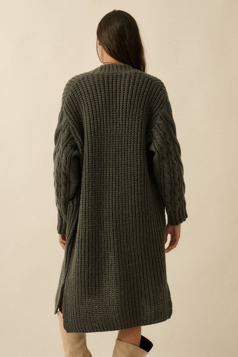 Solid Rib Knit Open Front Cable Knit Cardigan