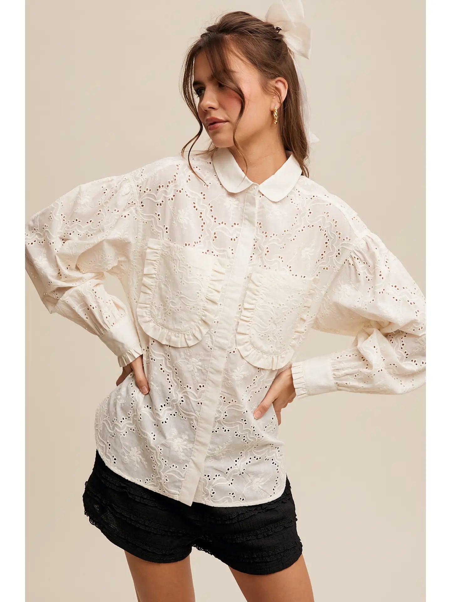 Flower Eyelet Ruffled Pocket Button Down