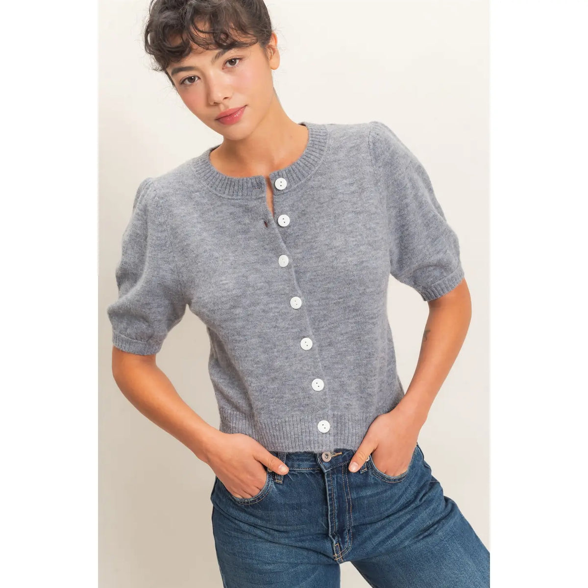Button Front Puff Short Sleeve Cardigan
