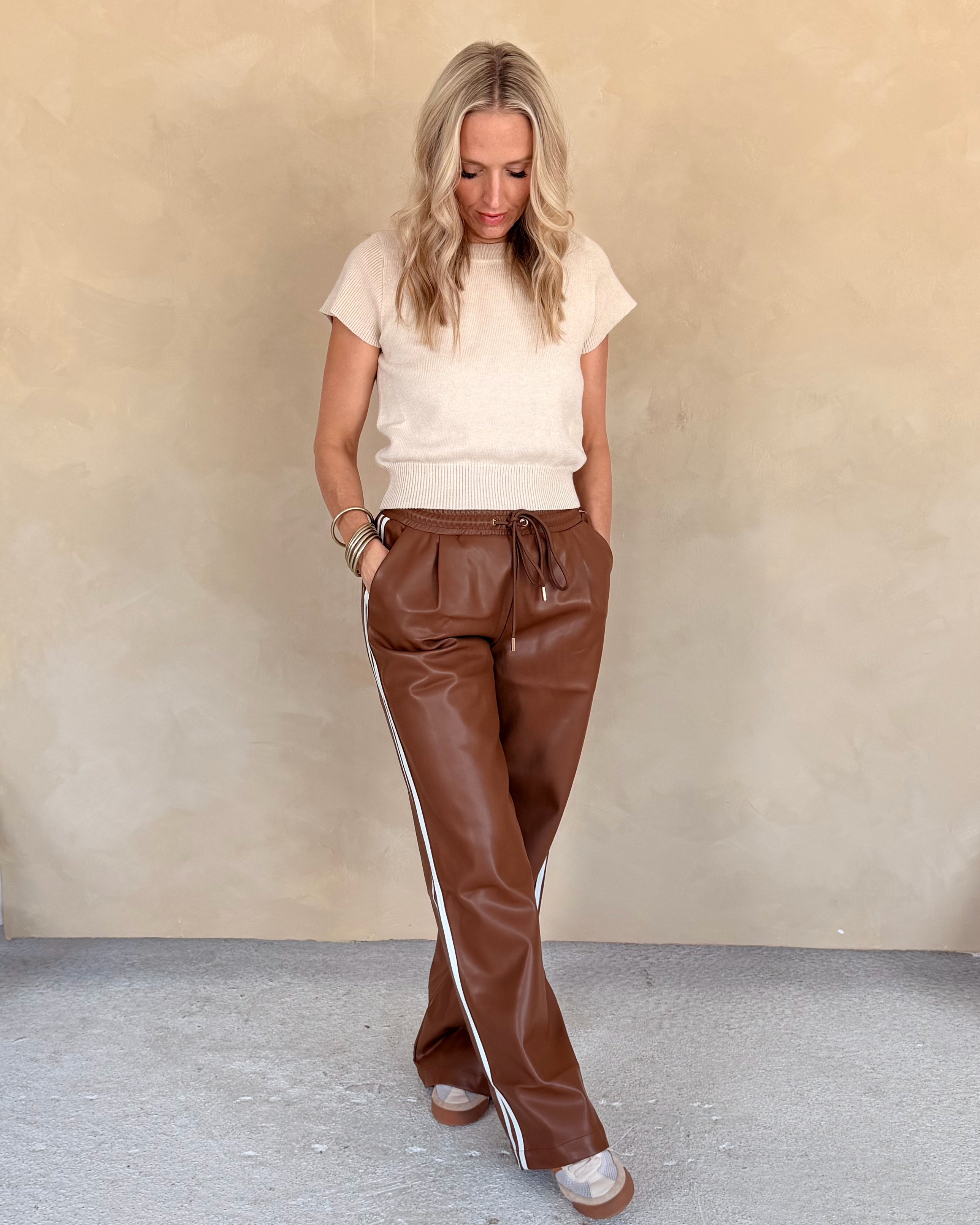 Side Striped Faux Leather Wide Leg Pants