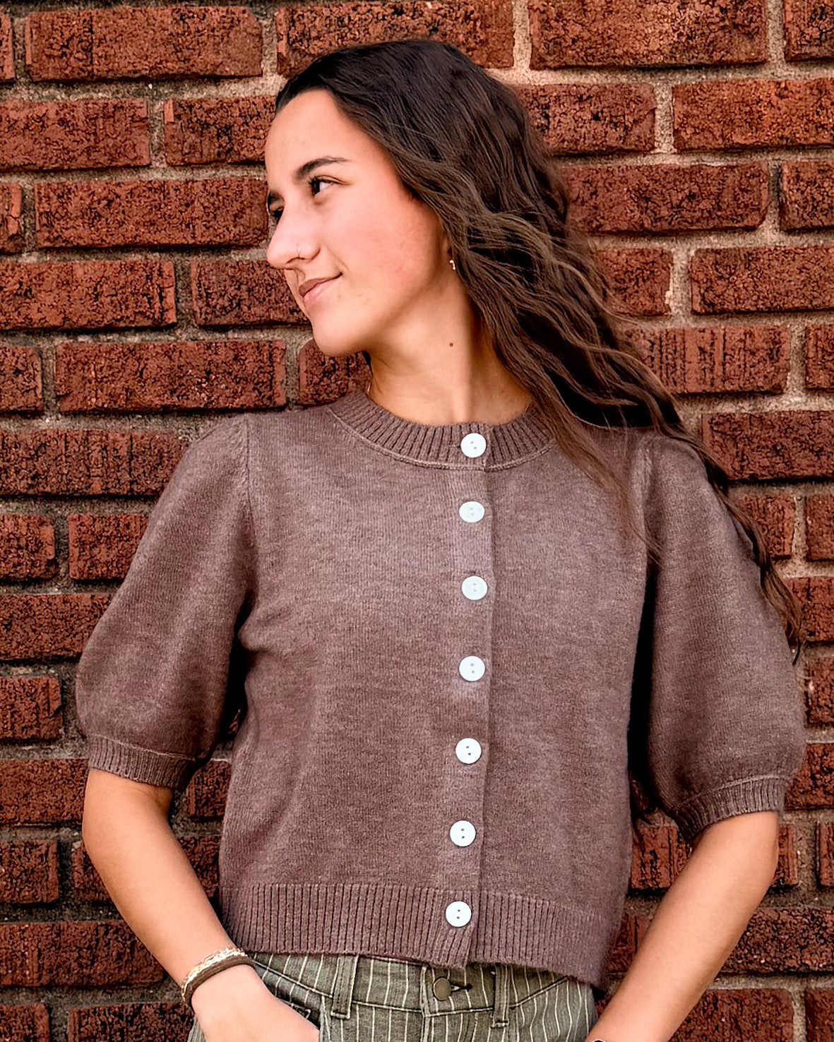 Button Front Puff Short Sleeve Cardigan