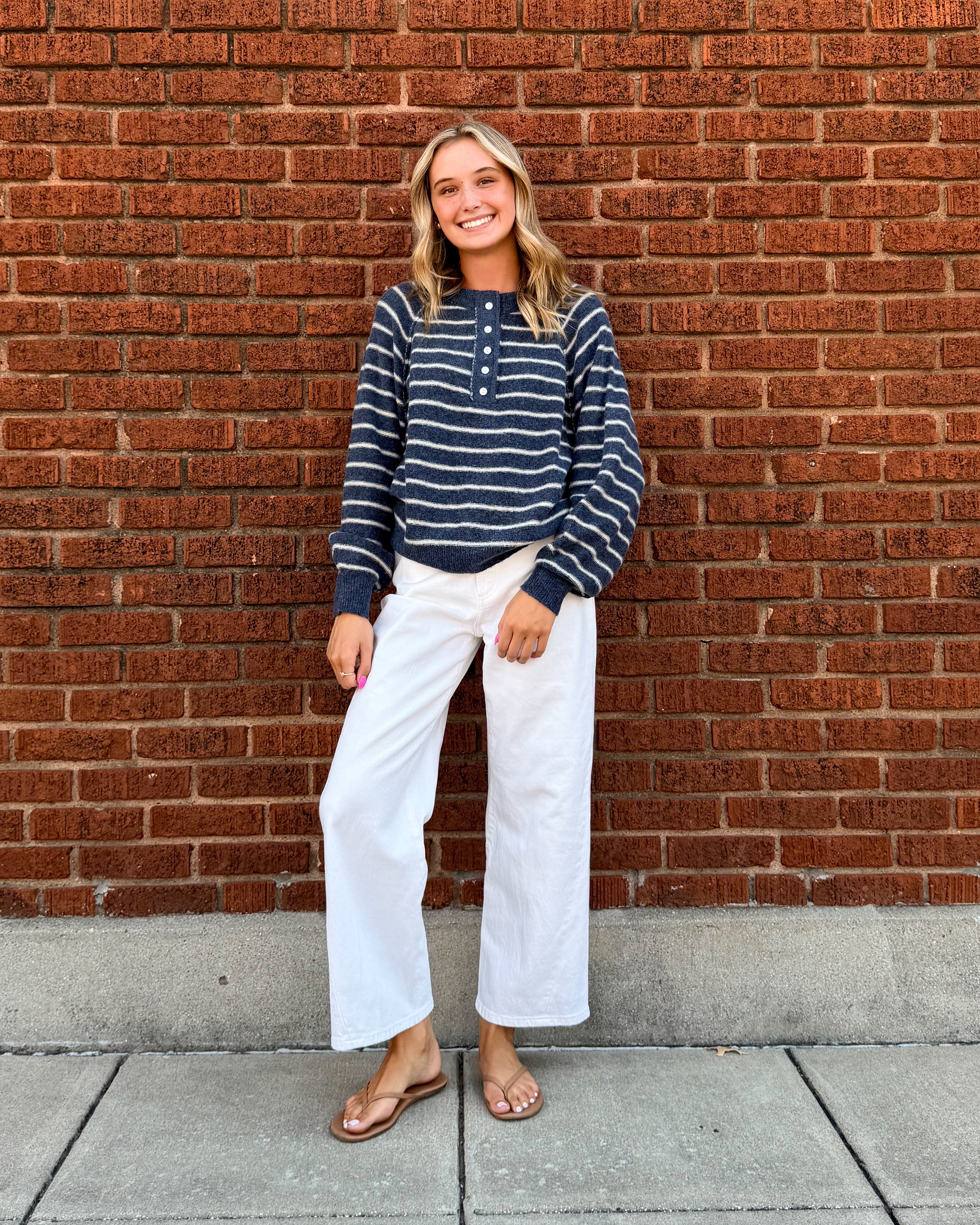 Button-Placket Stripe Knit Pullover