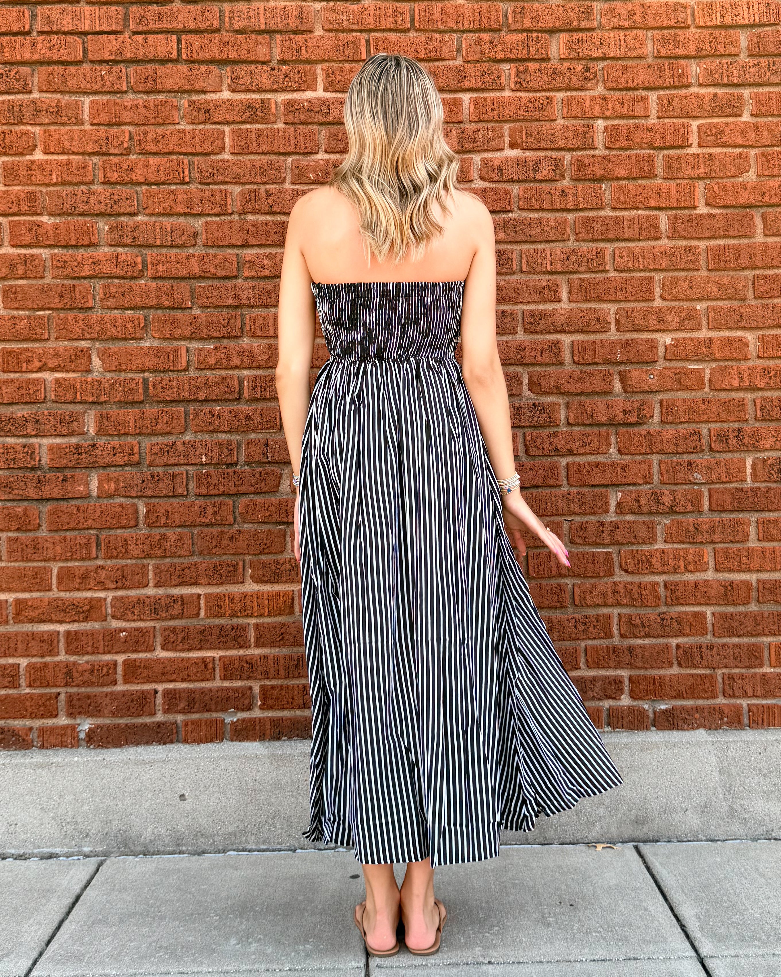 Striped Tube Neck Strapless Flare Maxi Dress
