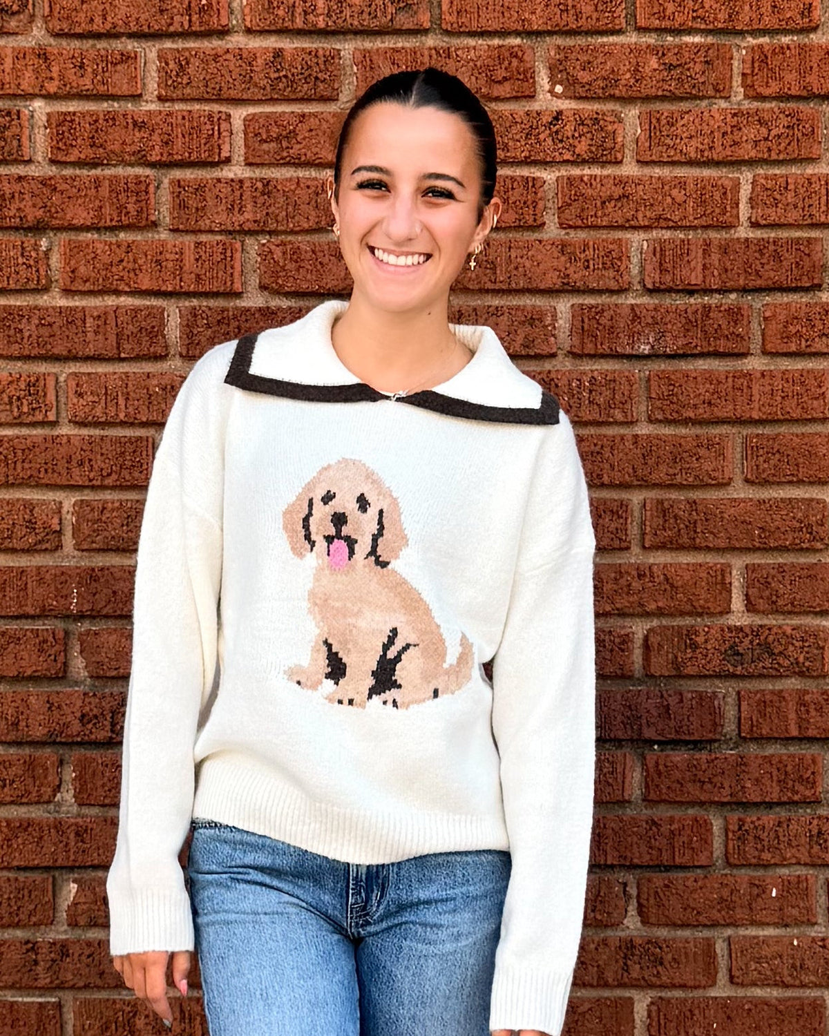 Puppy Graphic Contrast Collar Sweater
