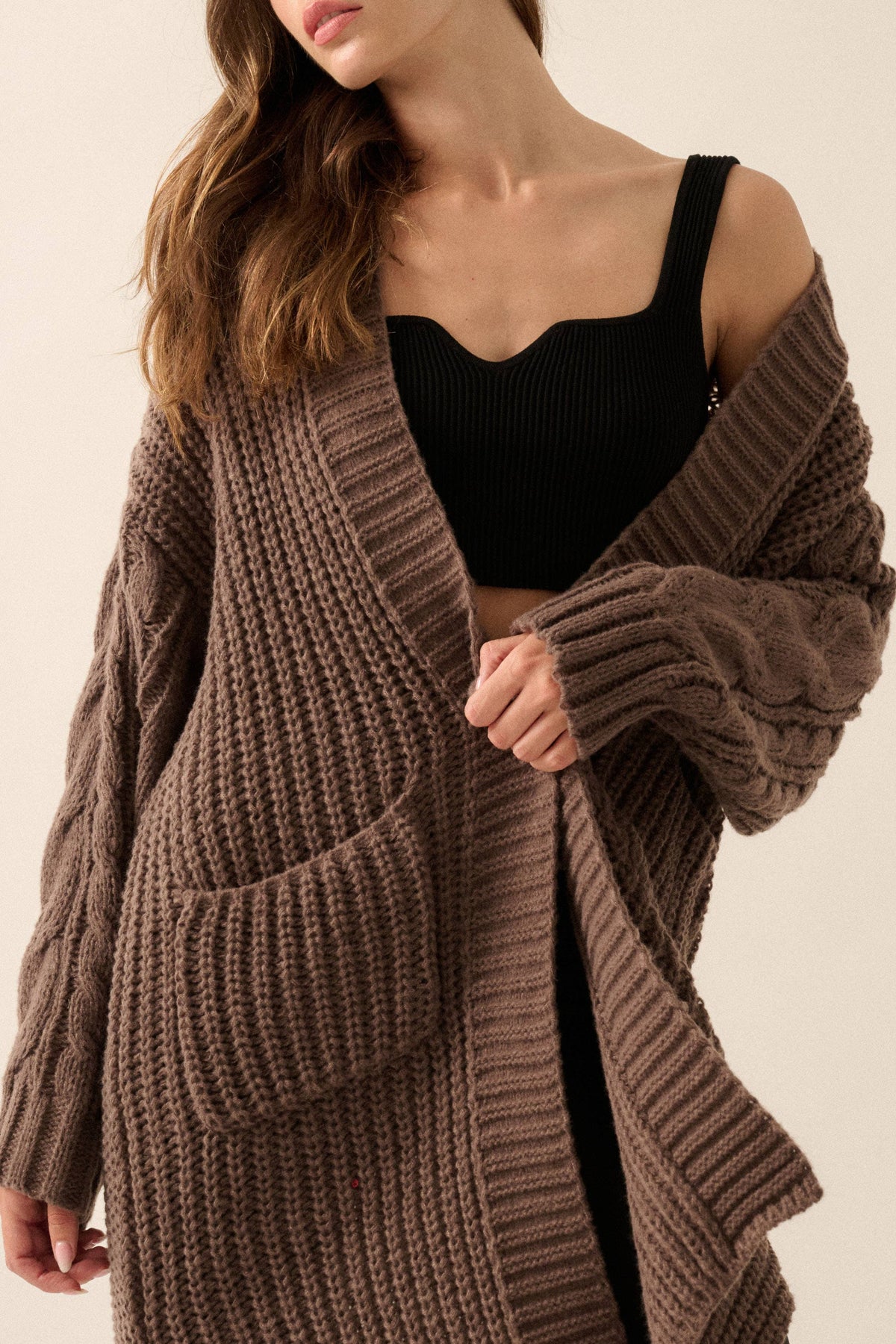 Solid Rib Knit Open Front Cable Knit Cardigan