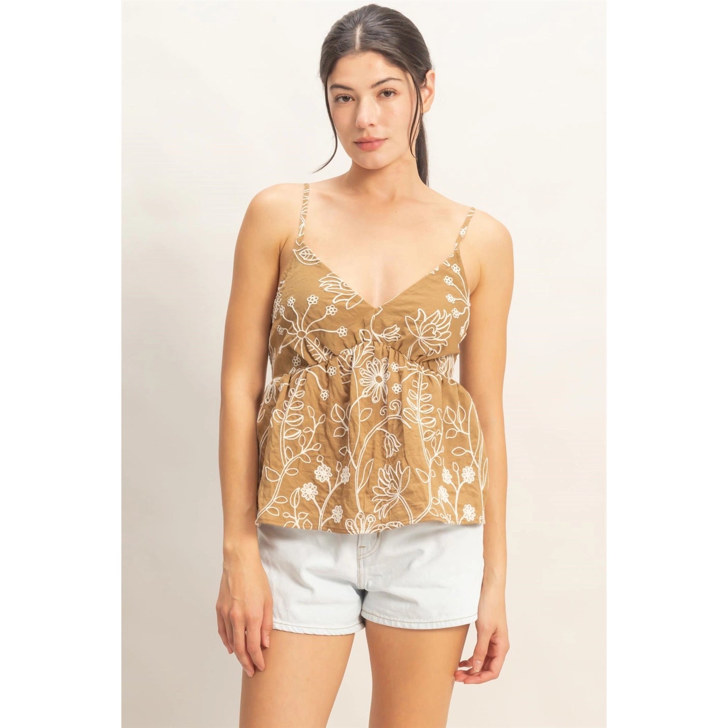Embroidered V-Neck Smocked Top