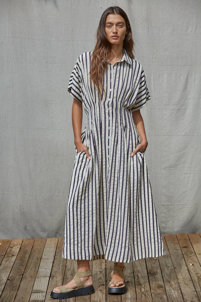 Woven Cotton Polyester Striped Shirtdress