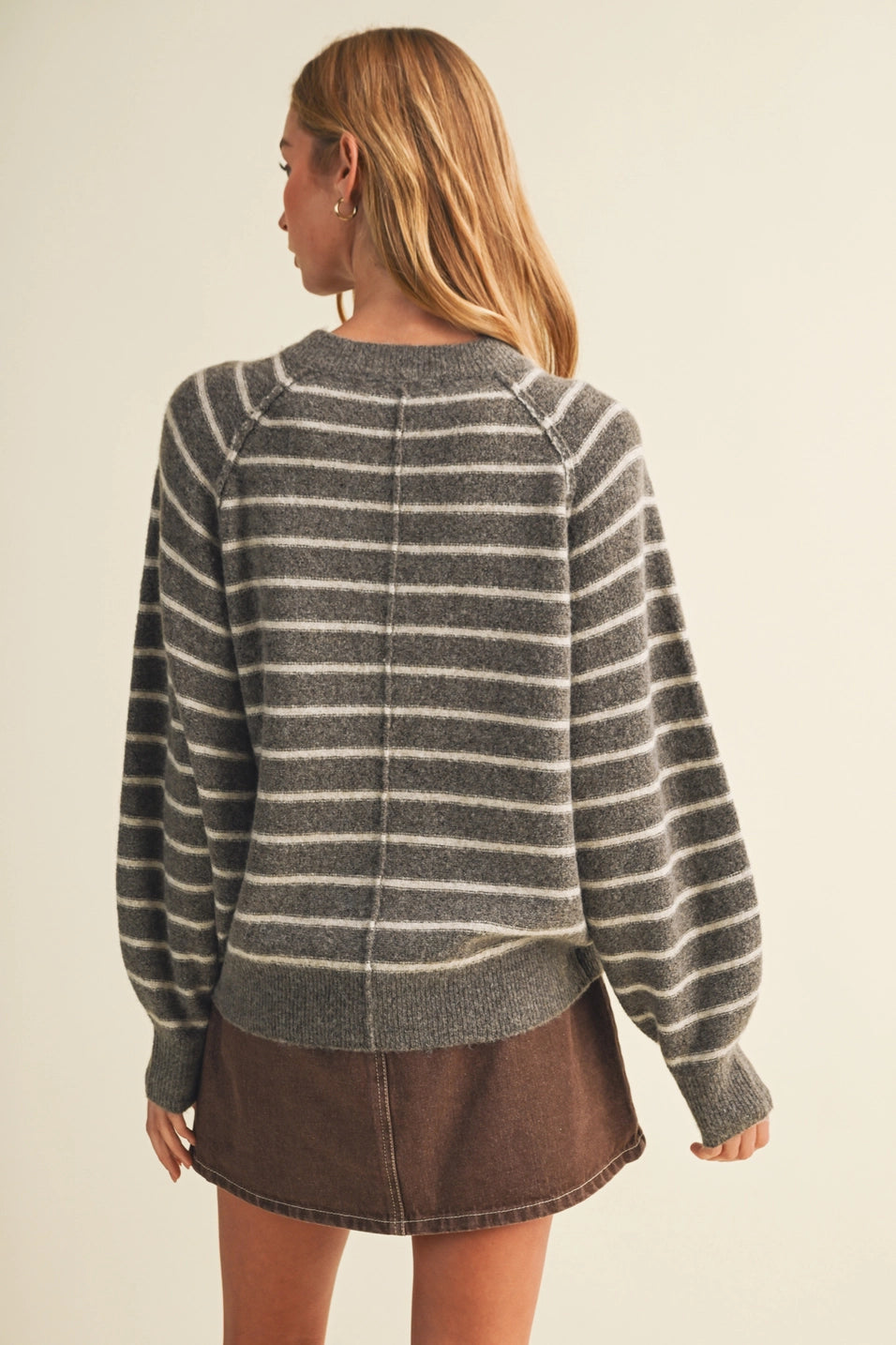 Button-Placket Stripe Knit Pullover