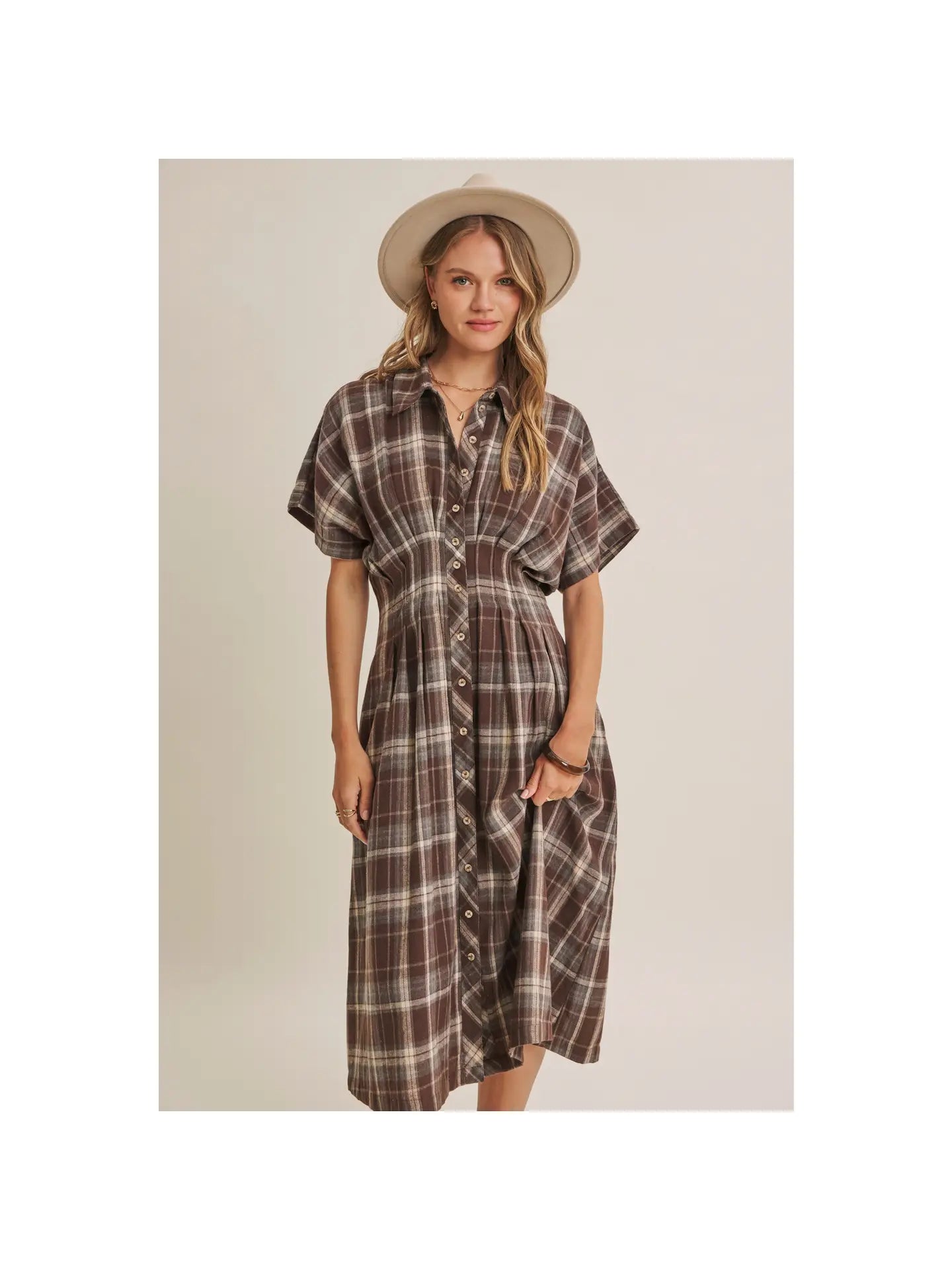 Pin-Tucked Waist Plaid Midi Dress