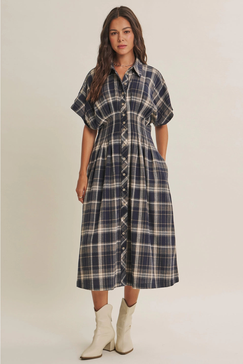 Pin-Tucked Waist Plaid Midi Dress