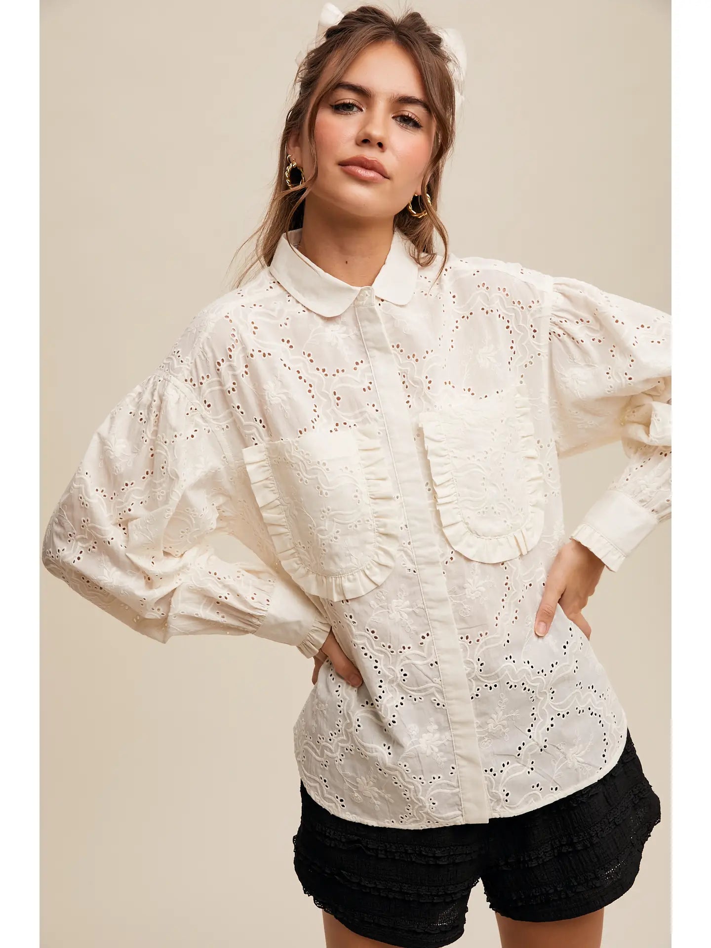 Flower Eyelet Ruffled Pocket Button Down