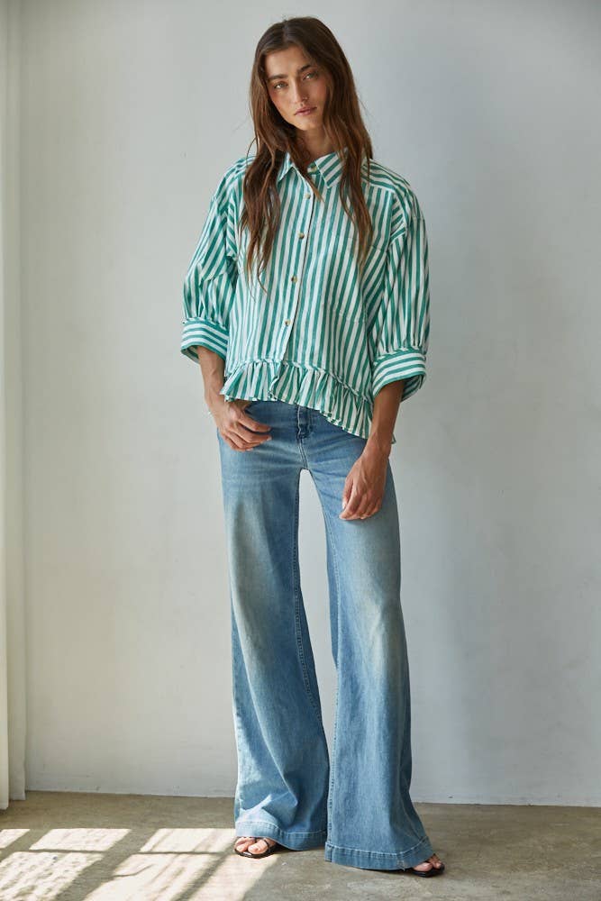 Woven Striped Button Down Peplum