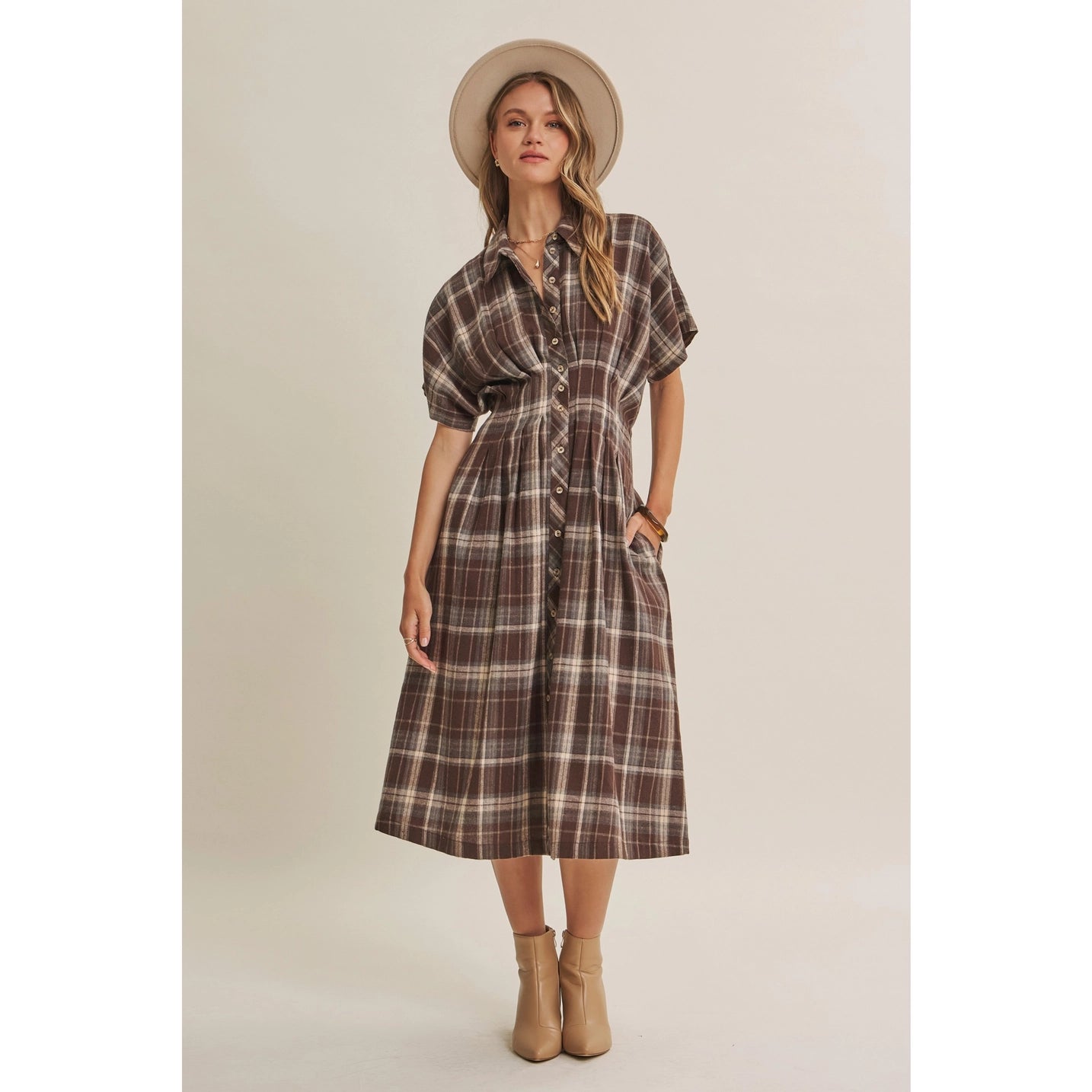 Pin-Tucked Waist Plaid Midi Dress