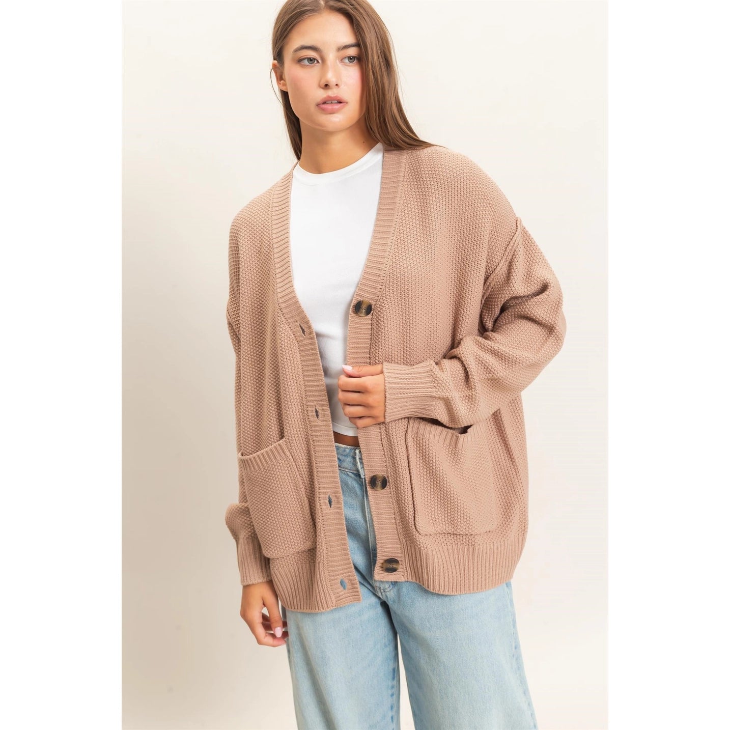 Textured Oversized Knit Buttoned Cardigan