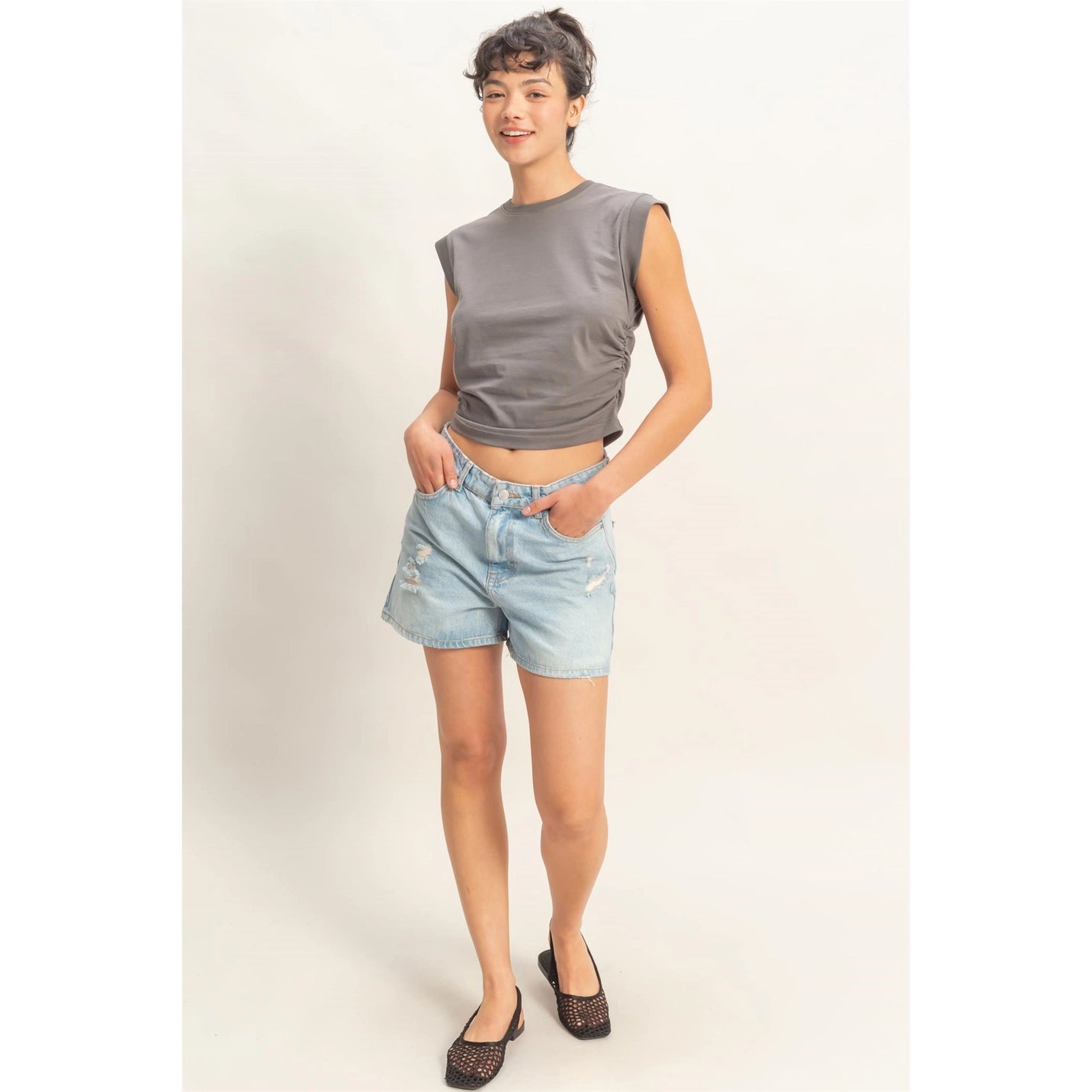 Ruched Waist Sleeveless Cotton Top