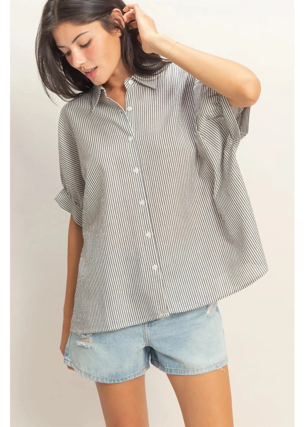 Striped Short Sleeve Button-Front Blouse