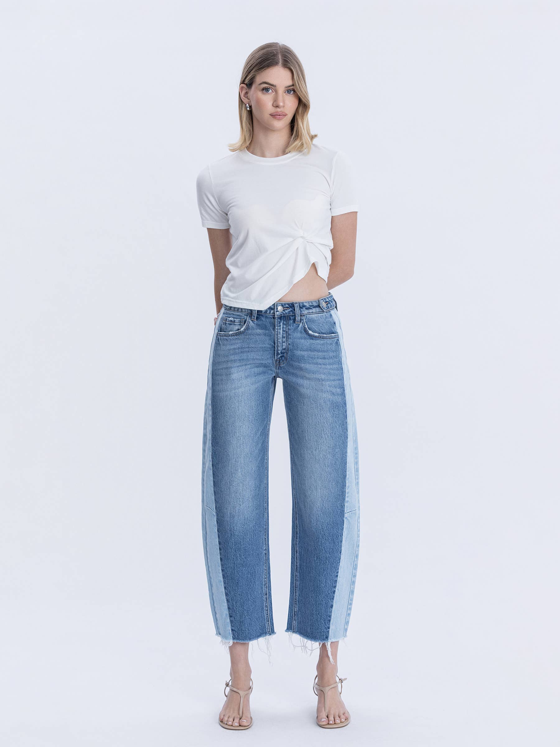 Two Tone High Rise Barrel Jean