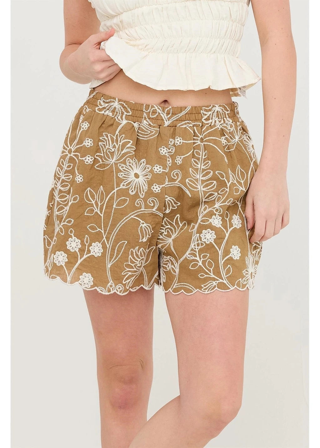 Embroidered Scallop Hem Shorts