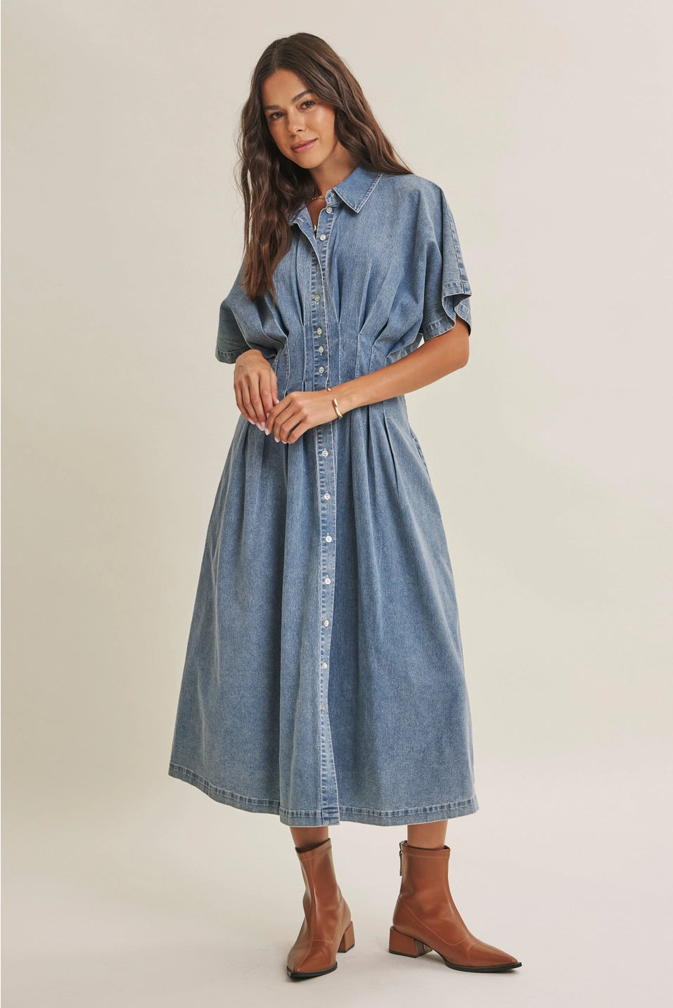Stretchy Button Down Denim Midi Dress